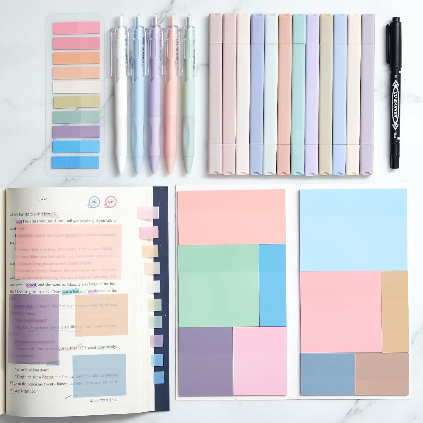 Jutom 38 Pcs Book Annotation Kit Aesthetic Highlighters Gel Pens Set Sticky Notes Tabs Markers Dual Ended Highlighter Quick Dry Ink Pens for Office Annotating Books(Light Color,Square)