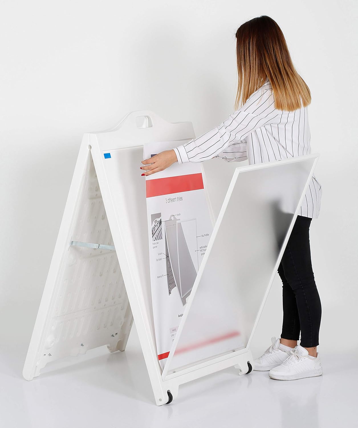 M&T Displays Street SignPro with Lens Protective Cover, 24x36 Inch Poster White Double Sided Sandwich Board Folding A-Frame Sidewalk Curb Sign Portable Advertising Display for Restaurant Cafe