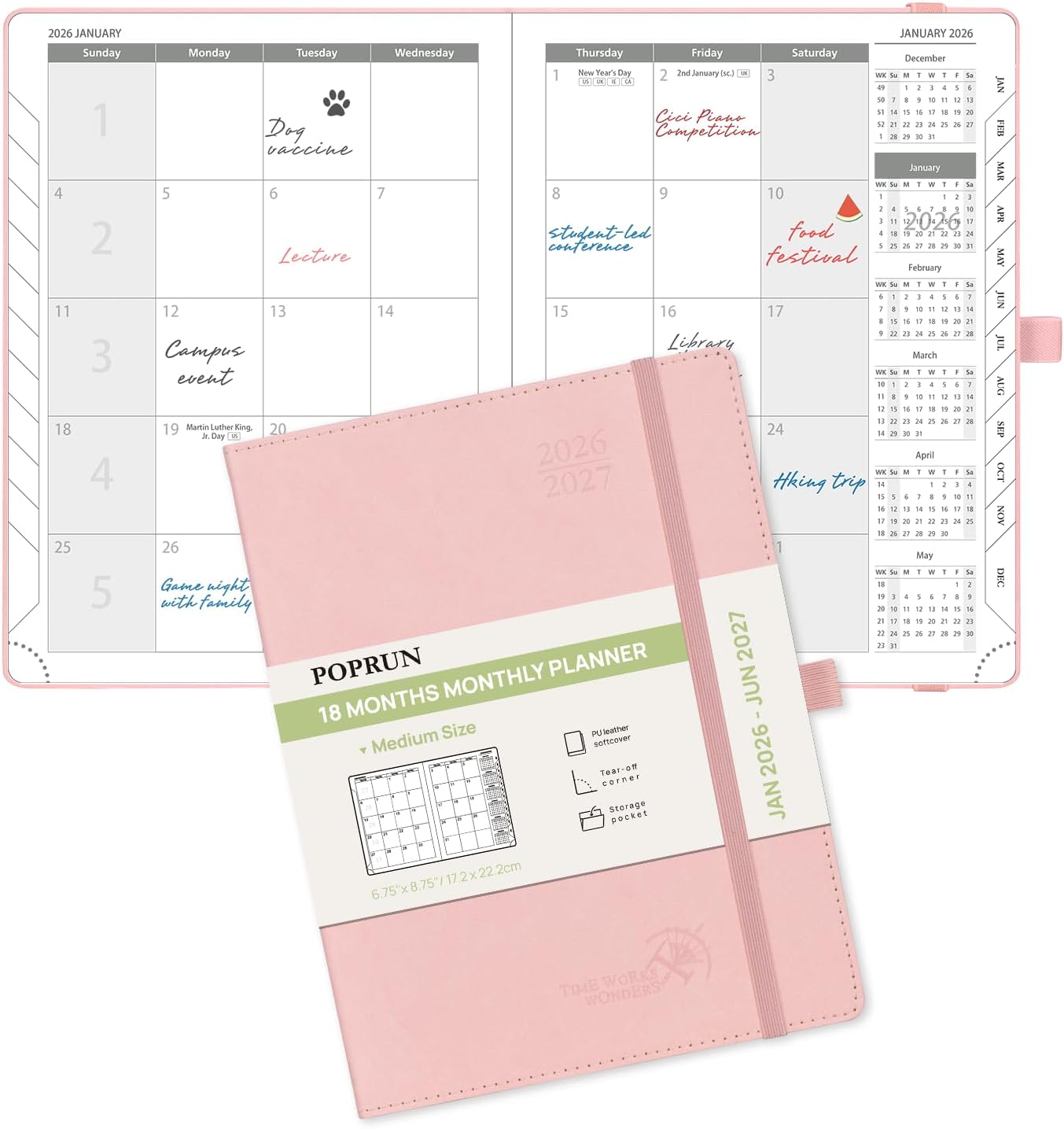 POPRUN Monthly Planner 2026-2027 (Medium- 6.5'' x 8.5'' Soft Cover), 18-Month Calendar Book (Jan.2026 - Jun. 2027), Calendar Planner with Monthly Tabs & Pocket, 100 GSM Paper - Pink