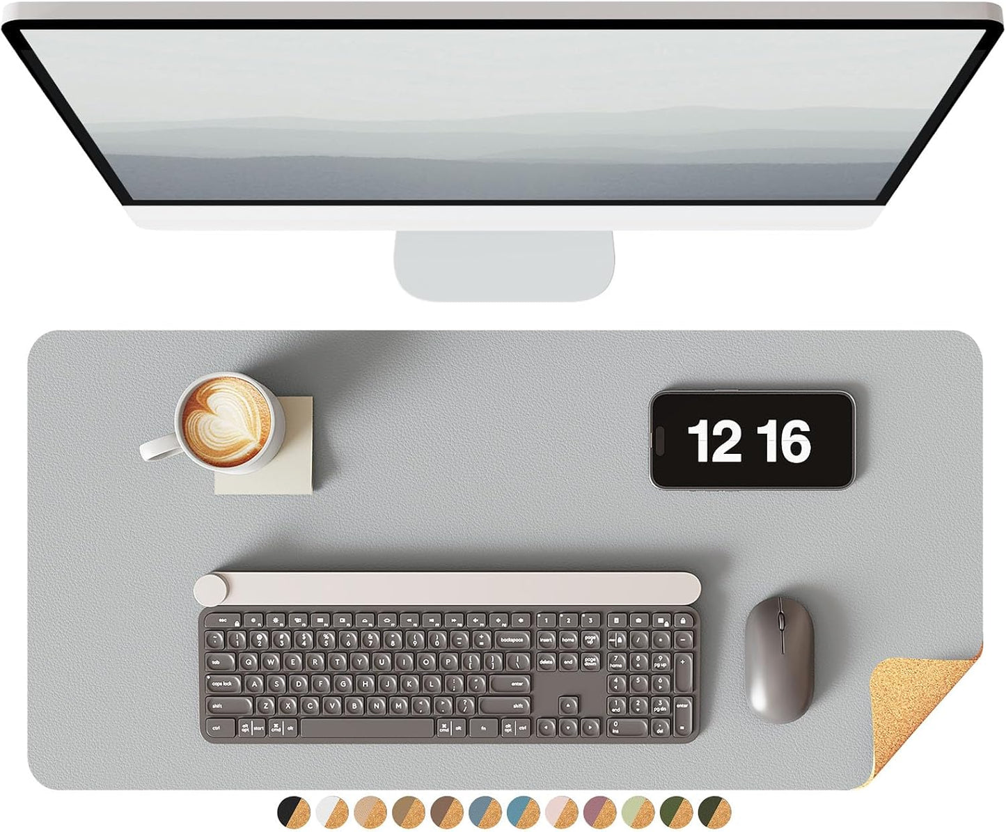 YSAGi Leather Desk Mat, Eco Cork Mat, Large Mouse Pad, Waterproof Blotter - 23.6"x13.7", Grey+Cork