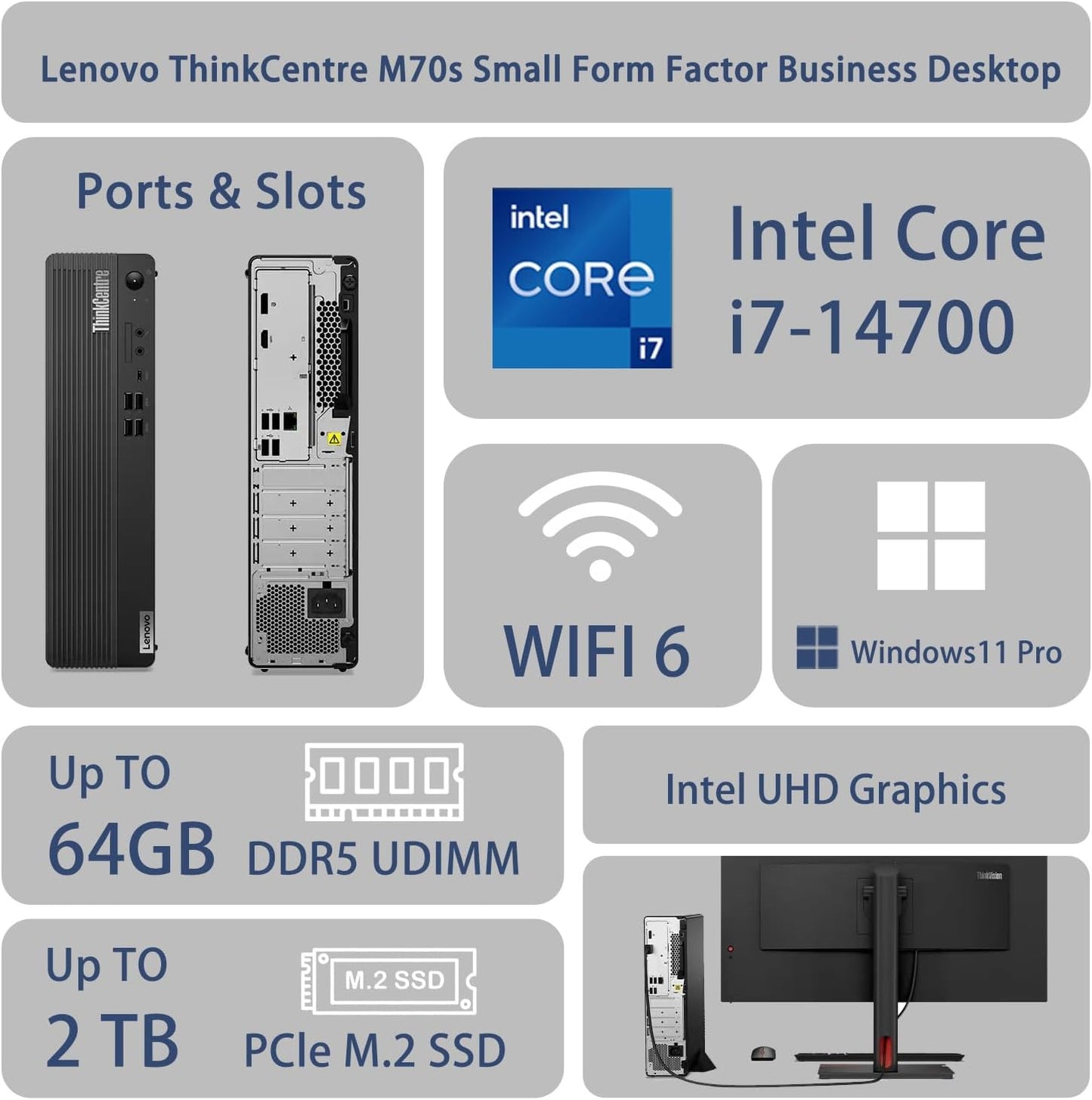 Lenovo ThinkCentre M70s Small Form Factor Business Desktop, Intel 20-Core i7-14700, 64GB DDR5, 2TB SSD, HDMI, DP, Wi-Fi 6, Wired KB & Mouse, Win 11 Pro, Bundle with ADATA UC310 64GB USB Flash Drive