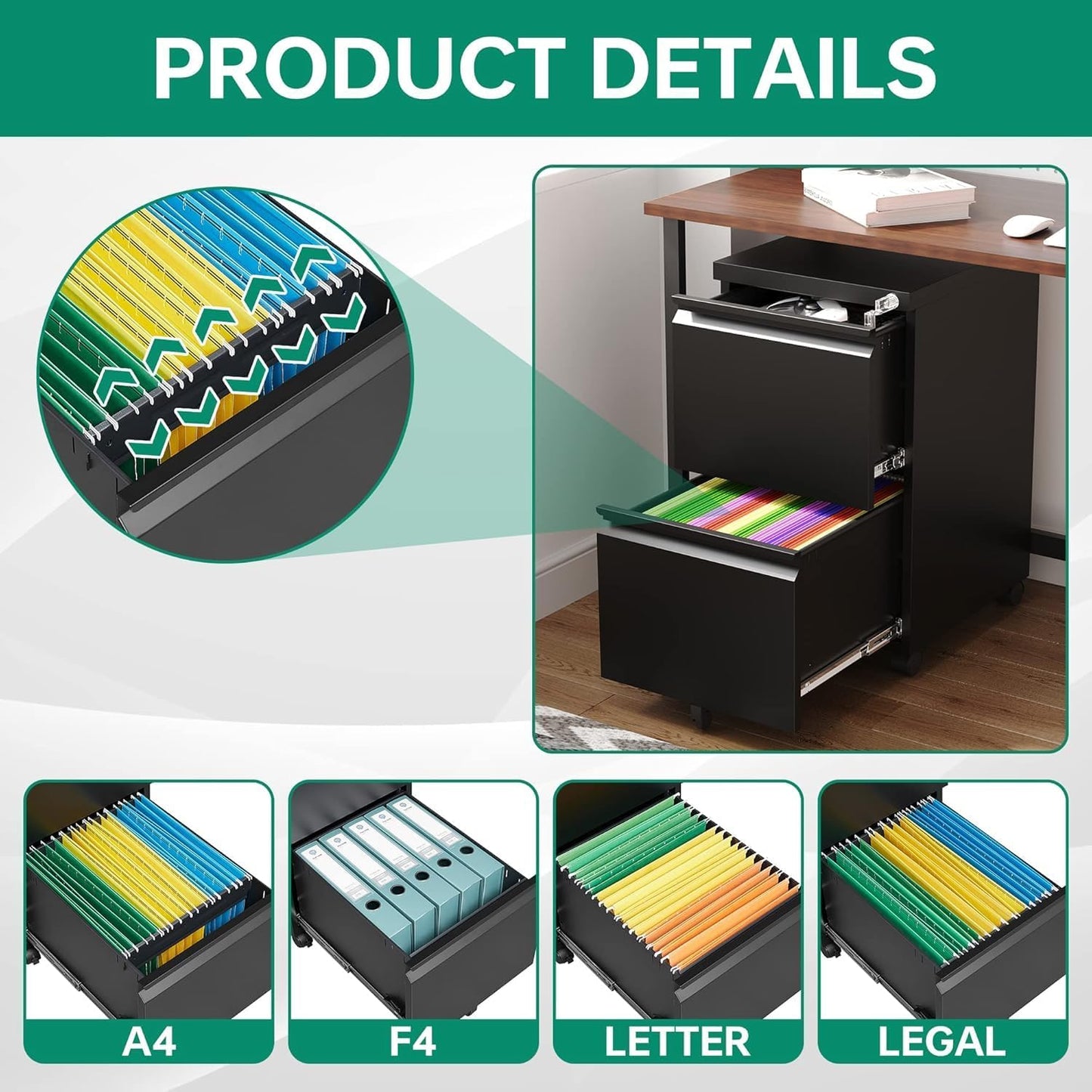 Letaya 2 Drawer Mobile File Cabinet with Lock, Under Desk Metal Rolling Filing Cabinets for Home Office Organizer Letters/Legal/A4 (Black- Requires Installation)