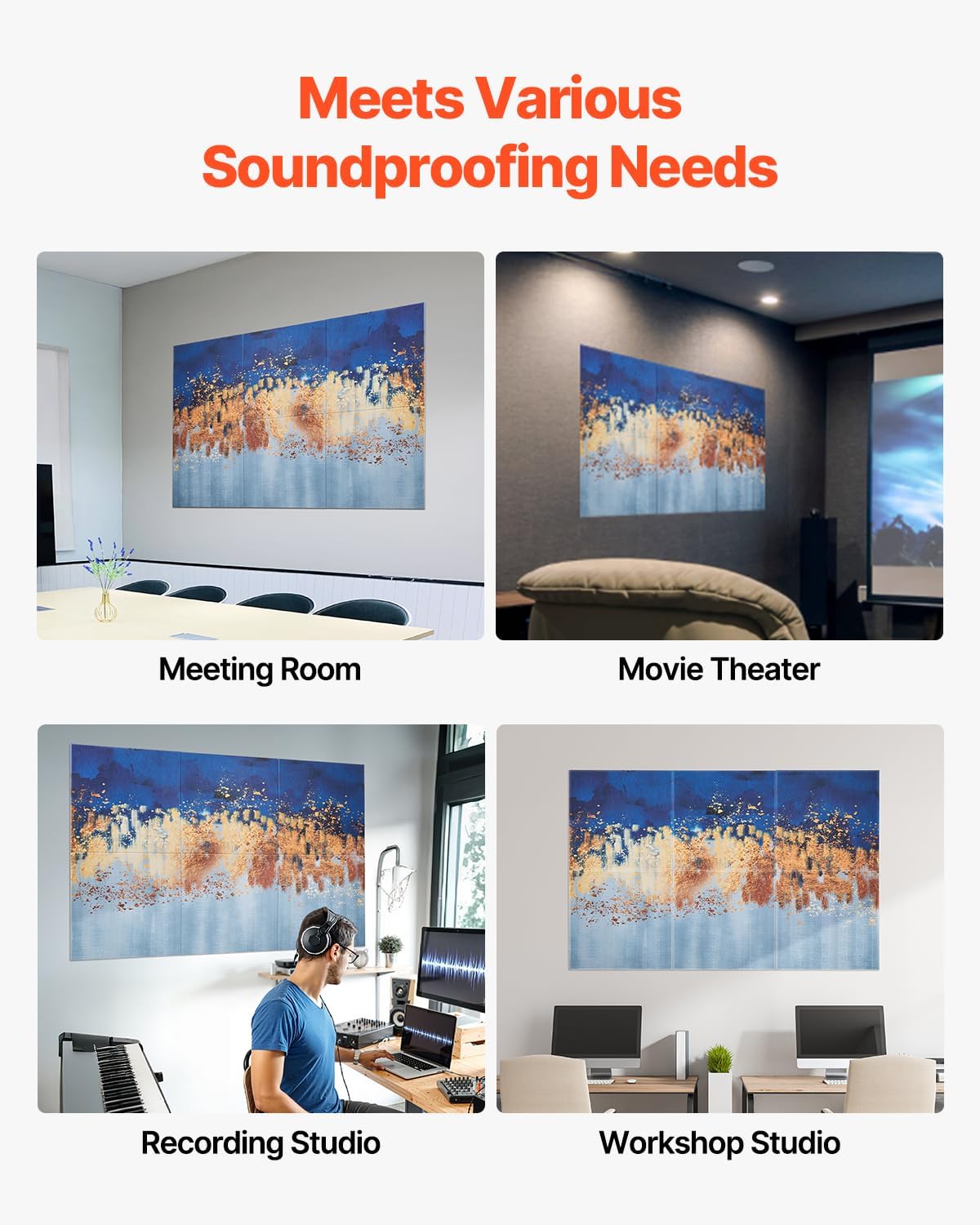 VEVOR 6 Pack Art Acoustic Panels, 70.87 x 47.24 x 0.4 inch Soundproof Wall Tiles, Self Adhesive Decorative Sound Dampening Absorbing Boards for Home, Office, Studio, Gaming Room,Theater, Pastel