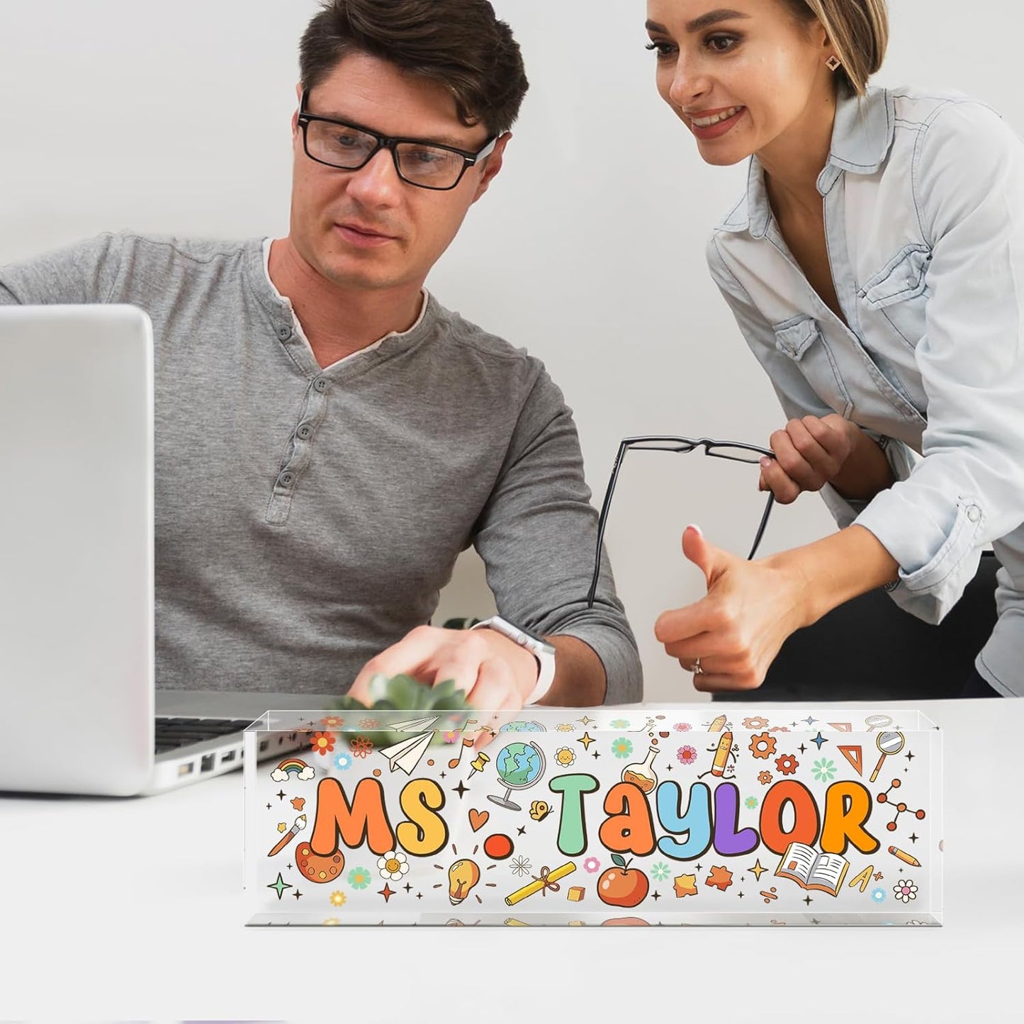 Custom Name Plate for Desk, Acrylic Office Decor For Women Men, Personalized Office Desk Accessories, Teacher Employee Appreciation Gifts For Social Worker Boss Coworkers (Teacher Gift)