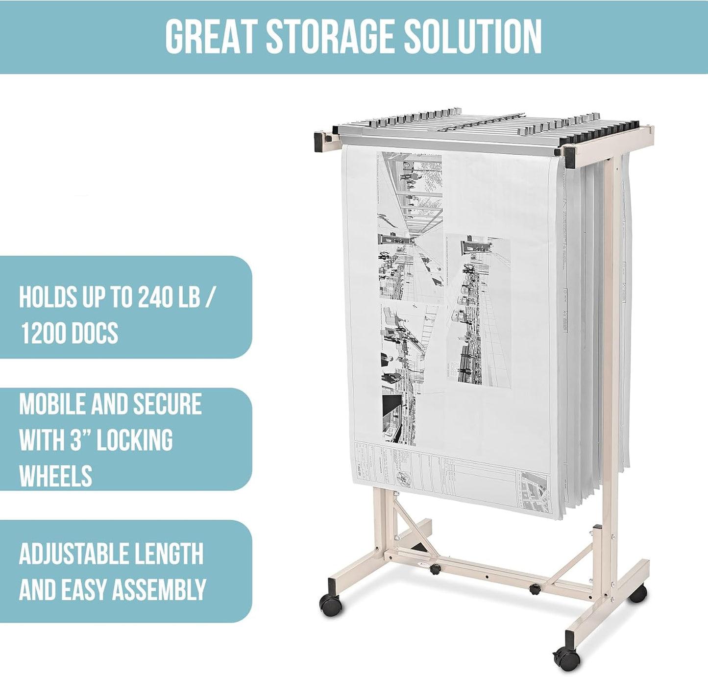 Adir Blueprint Rack and Clamps - 12 Pack of Blueprint Clamp and Mobile Blueprint Rack, Heavy-Duty Large Document Storage Solution for Blueprints, Posters, Maps, & Construction Plans