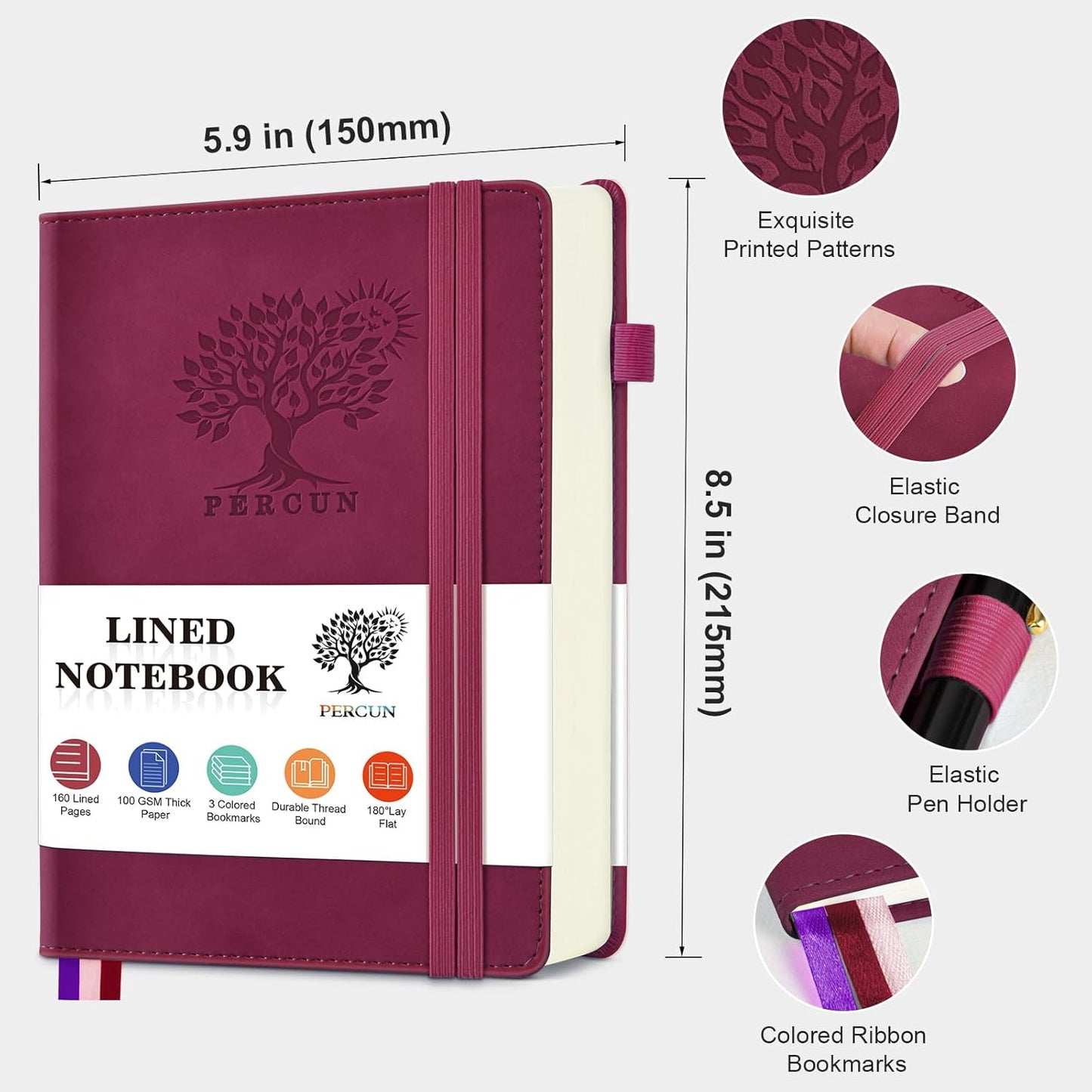 PERCUN Lined Journal Notebook for Men & Women, 160 Pages College Ruled Journal for Writing, A5 Hardcover Leather Notebooks for Work, School, Business, Travel, Daily Diary 5.9" x 8.5" - Burgundy