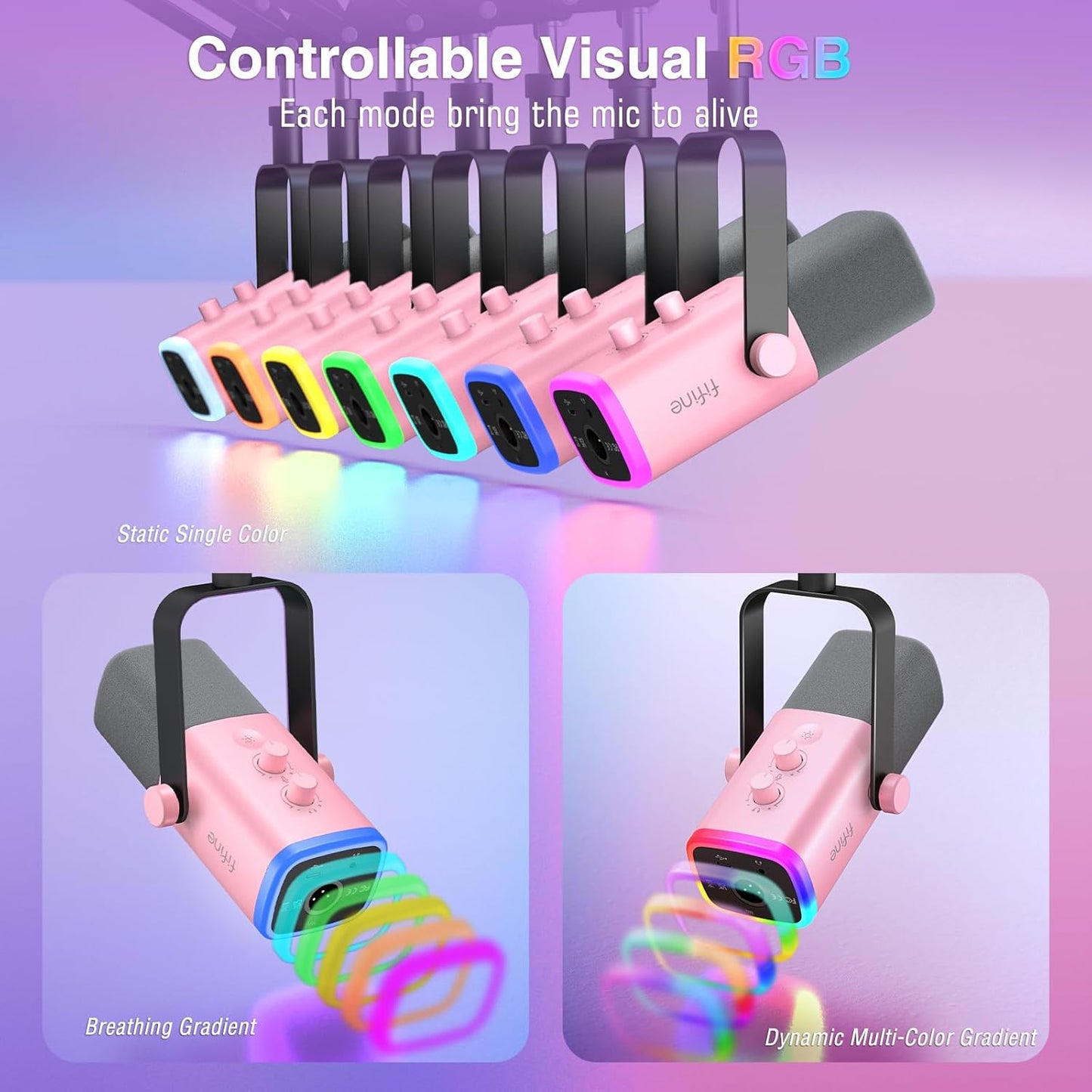 FIFINE XLR Gaming Microphone USB, PC Dynamic Microphone Kit for Vocal, Recording, Podcast, Streaming RGB Mic with Headphone Jack, Mute Button, Boom Arm Stand for Computer/Mixer-AmpliGame AM8T Pink