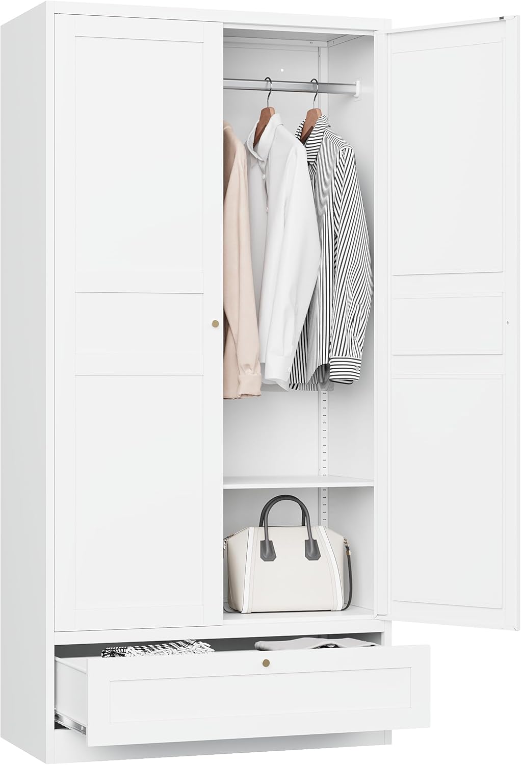 MIIIKO Wardrobe Closet with Drawer, 2 Doors Clothes Cabinet, 72" Metal Storage Cabinets with Hanging Rod, Bedroom Armoires Laundry Room and Office Clothes Storage Organizer Cabinets