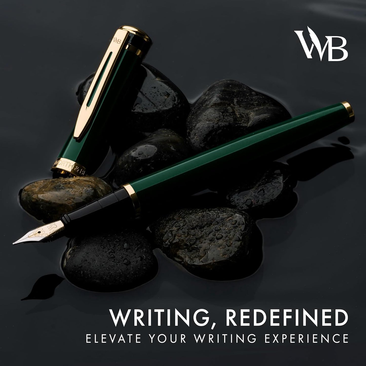 Wordsworth & Black Fountain Pen Set, 18K Gilded Medium Nib, Includes 24 Pack Ink Cartridges, Ink Refill Converter & Gift Pouch, Gold Finish, Calligraphy, [Racing Green], Perfect for Men & Women