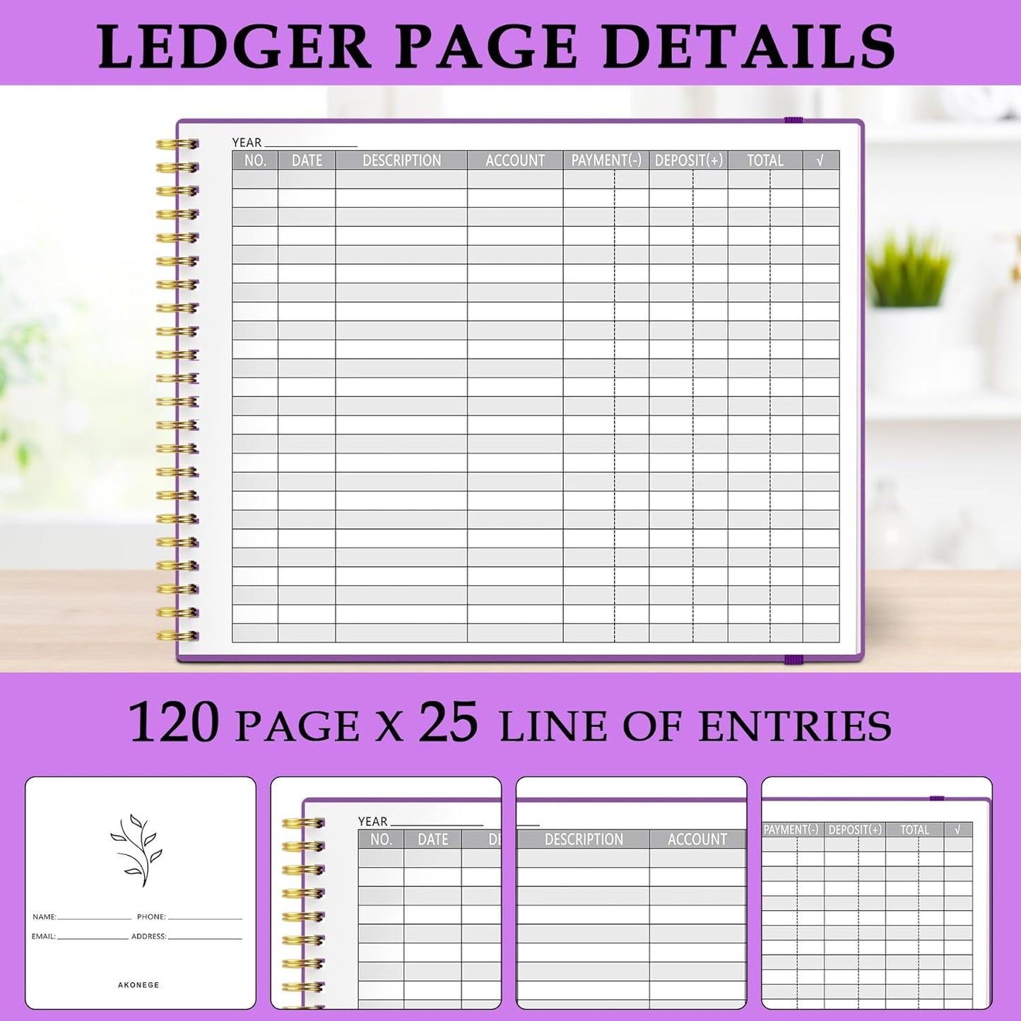 Accounting Ledger Book for Small Business & Personal Use, Horizontal Expense Tracker Notebook Ledger Book for Bookkeeping, Financial Income and Expense Log Book 10.2" x 8", Dark Purple