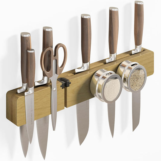 Magnetic Knife Holder for Wall, Acacia Wood Knife Magnetic Strip No Drill Knife Magnet Storage Bar Magnetic Tool Key Holder Strip for Kitchen Utensil Organizer (Light Brown, 16 Inch Large)