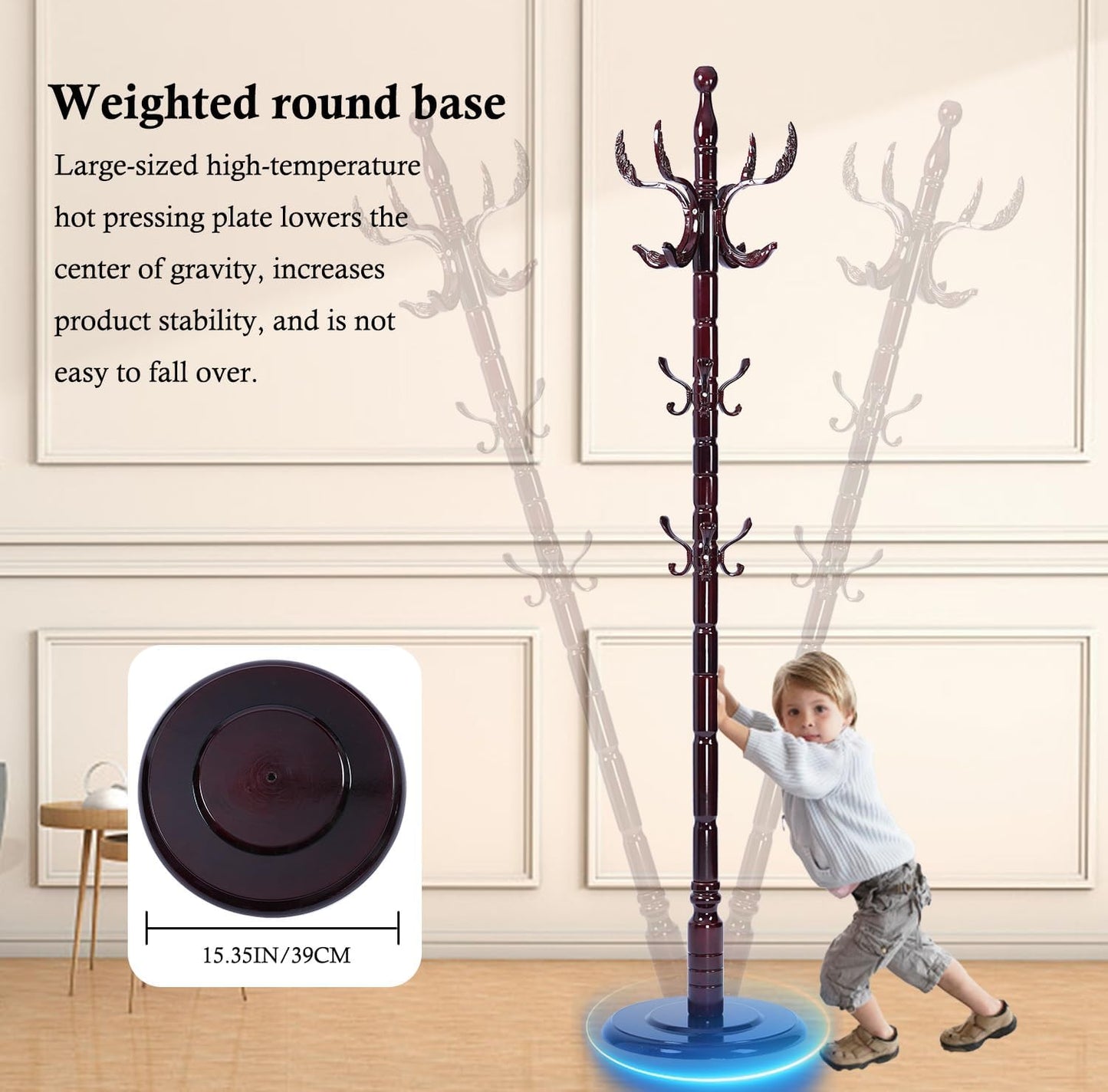 Coat Rack Stand, Solid Wooden Coat Tree with 14 Hooks, Heavy Duty Coat Rack Freestanding with Sturdy Round Base, Natural Birch Wood Coat Hanger Stand for Entryway Bedroom (Swing)