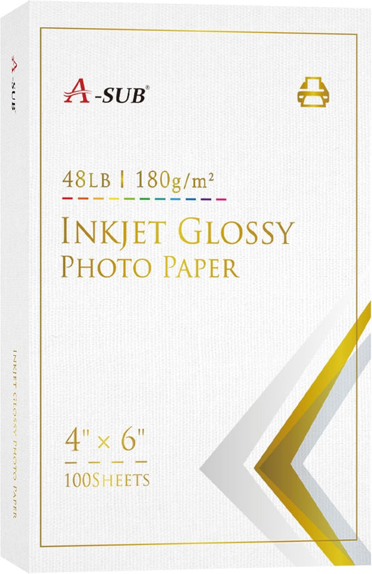 A-SUB Inkjet Glossy Photo Paper 4X6 Inches 48lb 180gsm Professional Glossy Photographic Paper for Inkjet Printers Dye Ink 100 Sheets