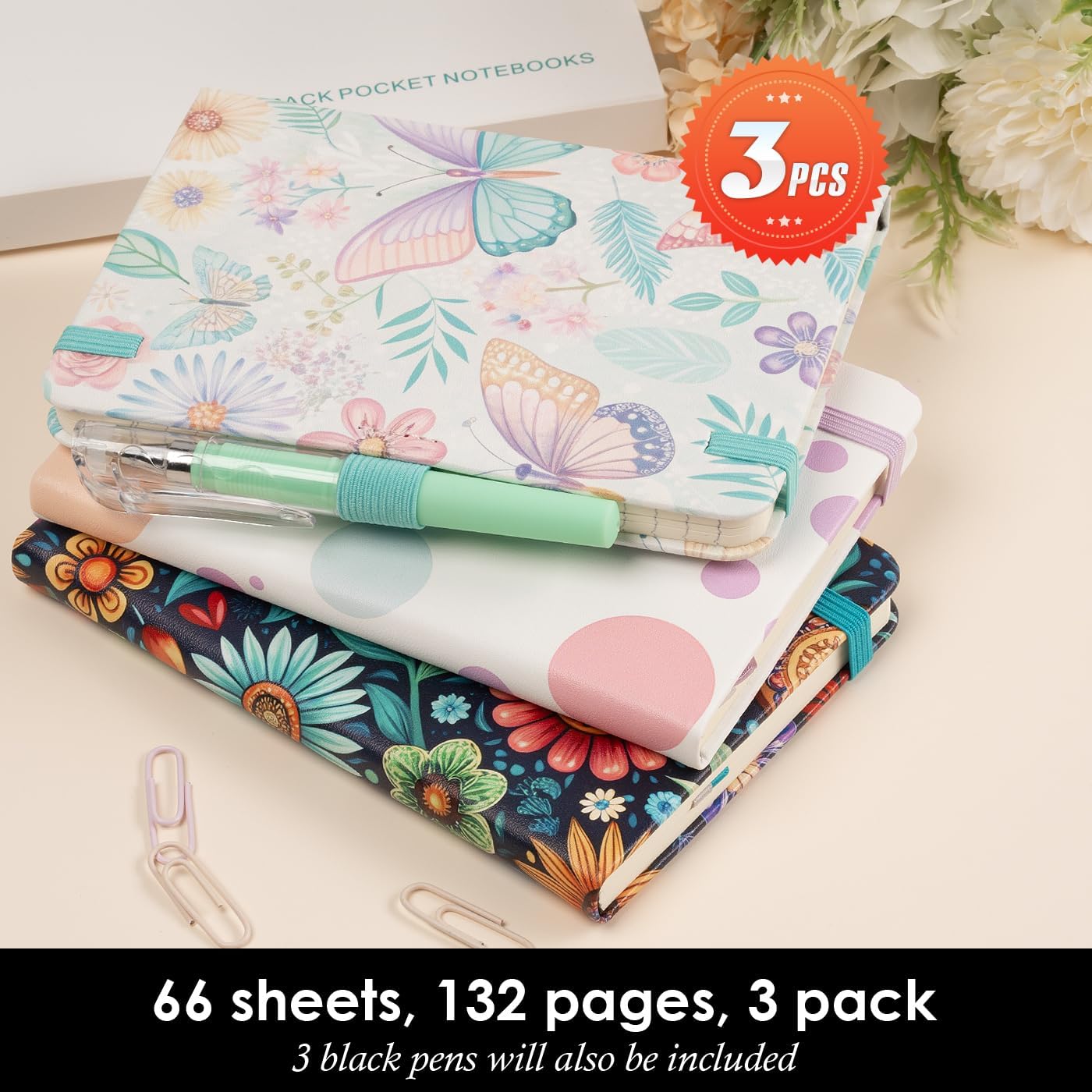 (3 Pack) Aesthetic Small Journal Notebook, A6 (3.7" x 5.7") Mini Pocket Notebook with Pen, 100GSM Lined Paper, Cute Small Journal for Kids/Girls/Women, Colorful Bubbles Butterfly Floral