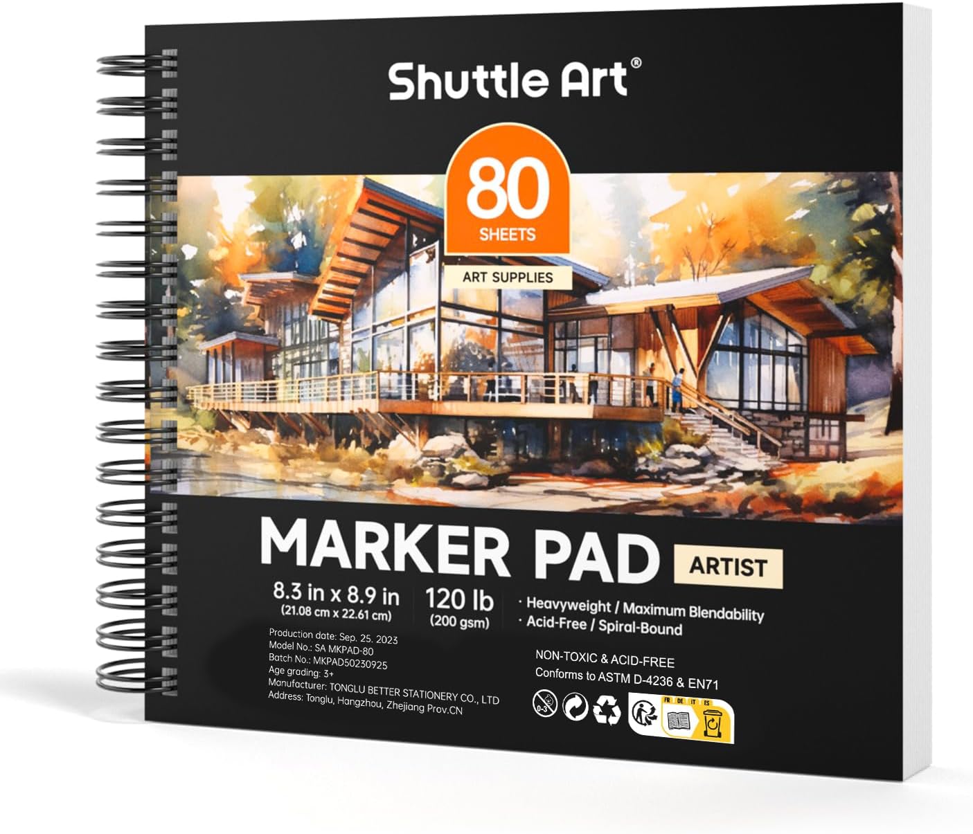 Shuttle Art Marker Pad, 8.3”x8.9” Portable Square Sketchbook, 80 Sheets Marker Drawing Paper, 120LB/200GSM Bleedproof Art Paper, Spiral-Bound, Great for Professional Artist to Draw, Paint & Sketch