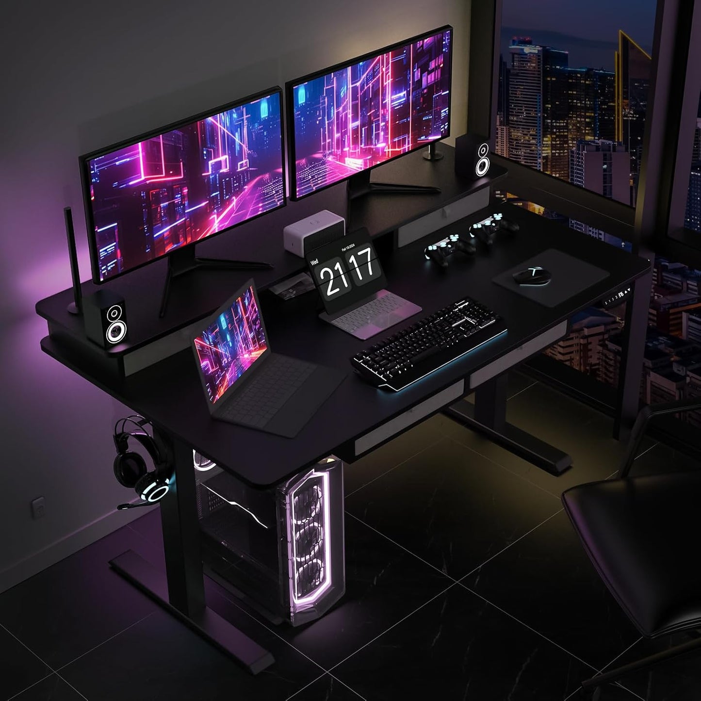 Electric Standing Widened Desk 63 * 30 Inches Adjustable Height with 4 Drawers, Double Storage Shelves Stand Up Desk, Home Office Workstation Sit Stand up Desk (Classical Black)