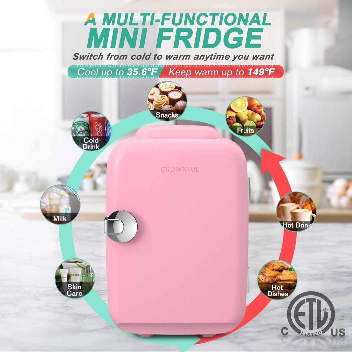 CROWNFUL Mini Fridge, 4 Liter/6 Can Portable Cooler and Warmer Personal Refrigerator for Skin Care, Cosmetics, Beverage, Food,Great for Bedroom, Office, Car, Dorm, ETL Listed (Pink)