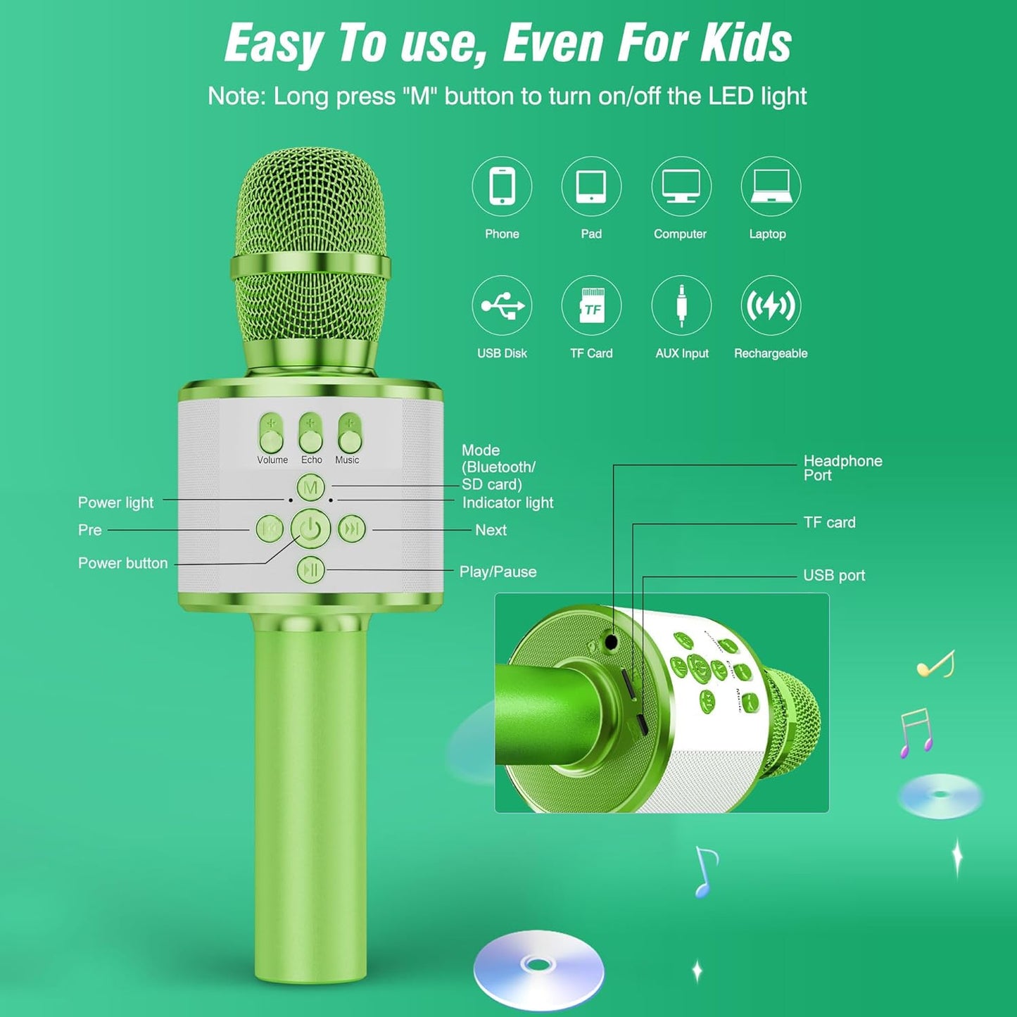 BONAOK Karaoke Microphone for Kids & Adults - Bluetooth Microphones Singing Mic with Disco Lights, Echo Effect, Built-in Speaker Portable Karaoke Player for Party Travel Gifts Q78(Green)