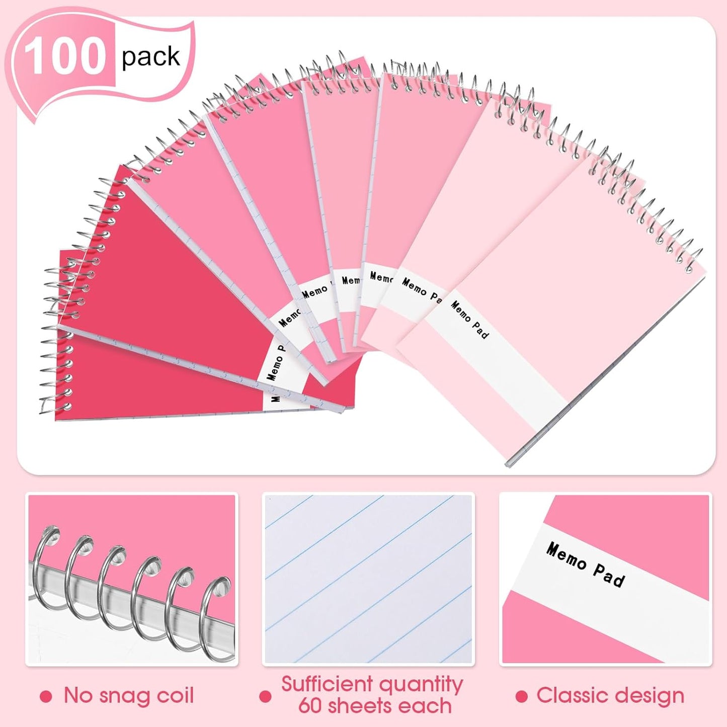 Thenshop 100 Pads Spiral Memo Pads Bulk 3 x 5 Inch Small Pocket Notepad Top Bound Lined 60 Sheets Mini Notebooks for School College Office Home Supplies (Bright Colors)