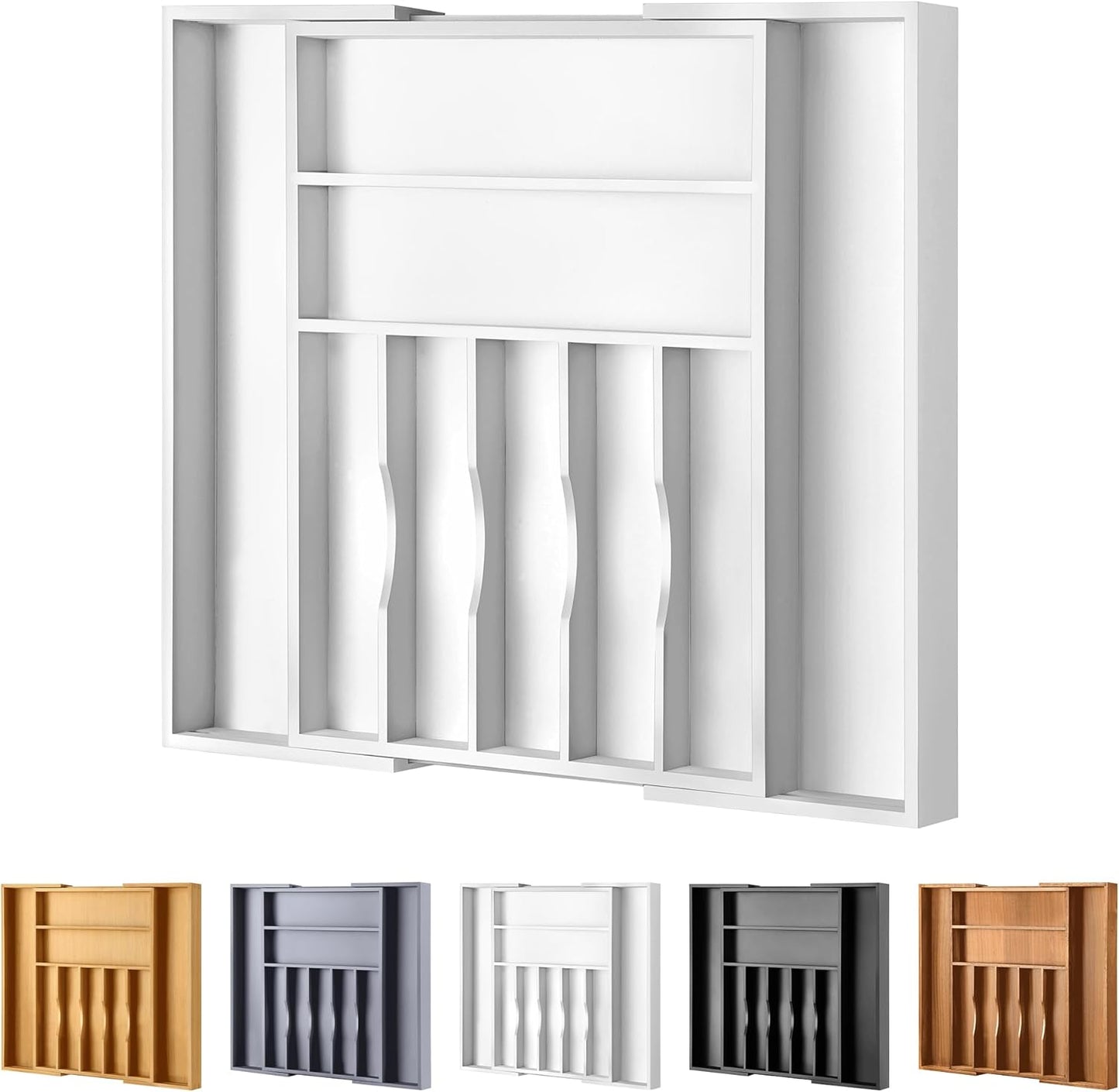 Large Premium Bamboo Silverware Organizer - Expandable Drawer Organizer & Utensil Organizer - 17"x19.7" Cutlery Tray with Dividers for Kitchen Utensils and Flatware (7-9 Slots) (White)