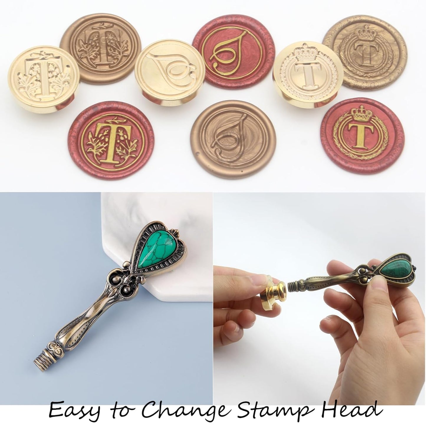 Letter Wax Seal Kit with Initial Alphabet T Wax Seal Stamp Head 3pcs, Pearl White and Vintage Gold Stamp Sealing Beads, Spoon, Metallic Gold & Silver Pen, Vintage Gift Box Set