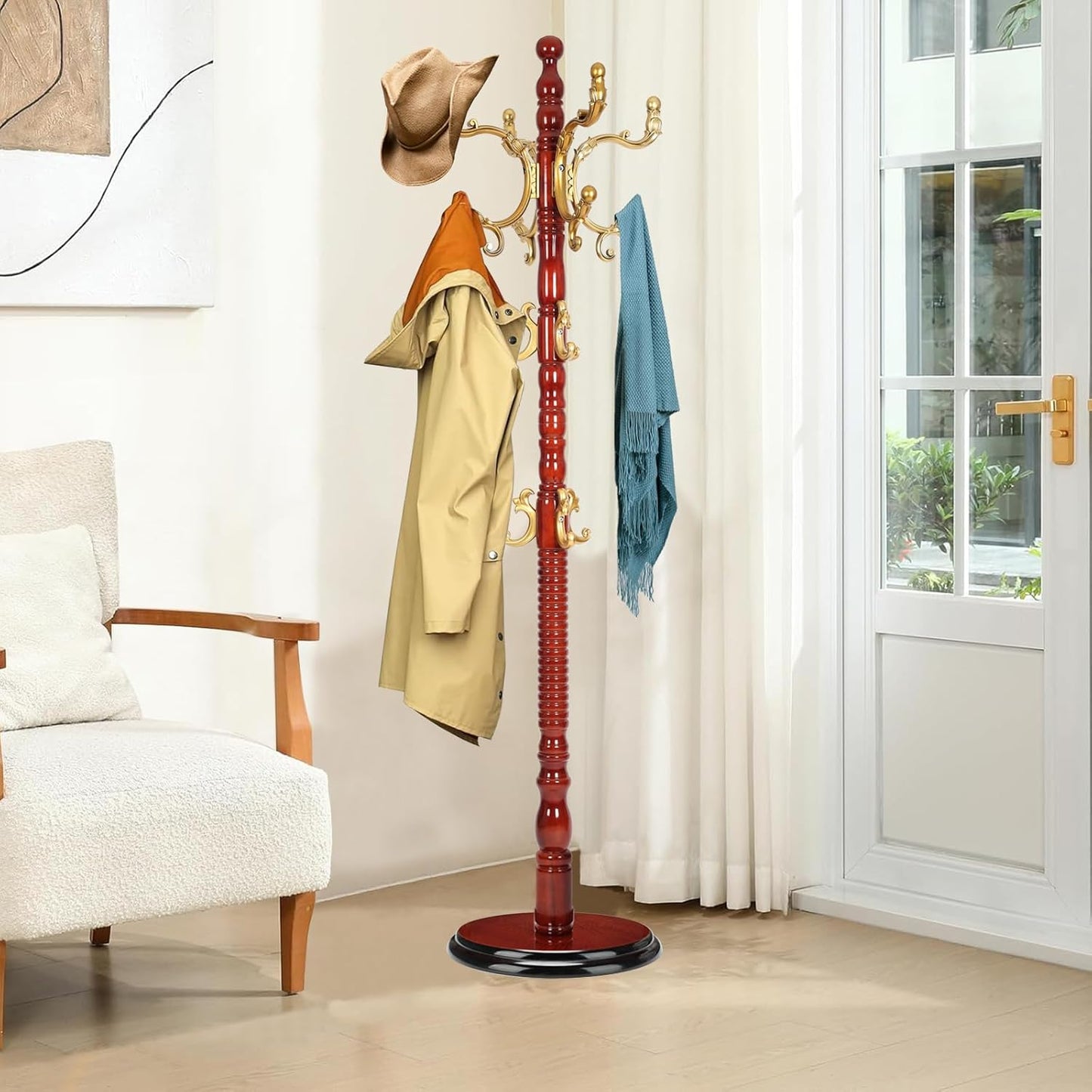 Wood Coat Rack Freestanding, Natural Coats Tree Stand with 14 Hooks, 73" Sturdy and Easy Assembly Coat Rack Stand for Entryway, Hallway, Bedroom, Bags, Hats (Heavy-duty Disc Base, Golden)