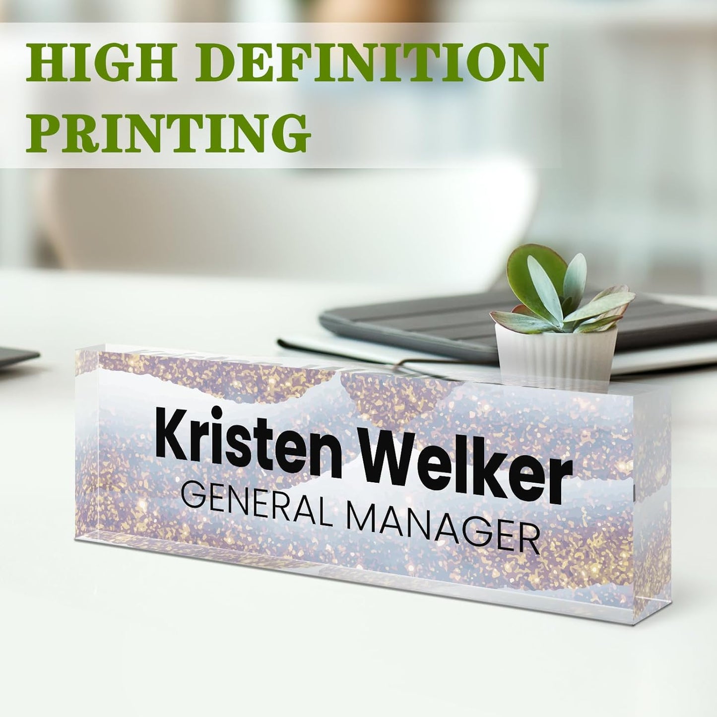 Gowellly Desk Name Plate Personalized - Custom Acrylic Name Plate for Desk - Enterprise Custom Logo/Text nameplates - Employee Appreciation Gifts (Sequins-1)