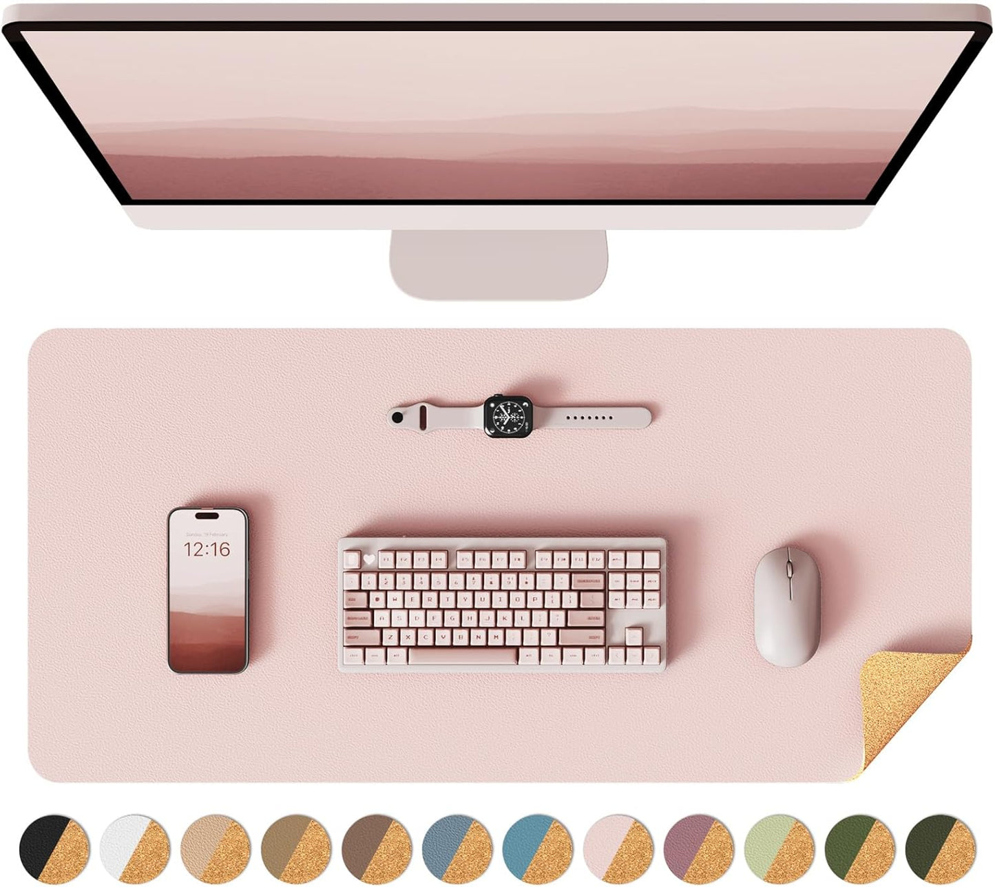 YSAGi Double-Sided Desk Pad, Leather Desk Mat, Eco Cork Desk Pad Protector, Large Mouse Pad for Desk, Waterproof Desk Blotter Pad, Desk Writing Pad for Office Work/Home(23.6"x13.7",Pink+Cork)