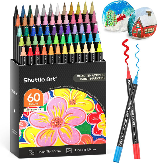 Shuttle Art 60 Colors Dual Tip Acrylic Paint Markers, Brush Tip and Fine Tip Acrylic Paint Pens for Rock Painting, Ceramic, Wood, Canvas, Plastic, Glass, Stone, Calligraphy, Card Making, DIY Crafts