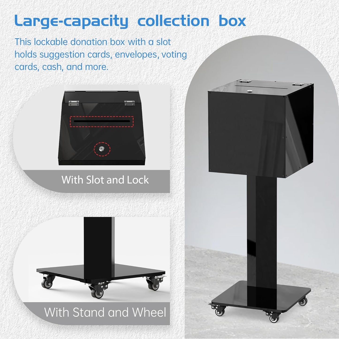 Acrylic Locking Donation Box with Stand and Wheels – Secure Suggestion Box for Fundraising, Voting, Charity Events, Schools & Churches