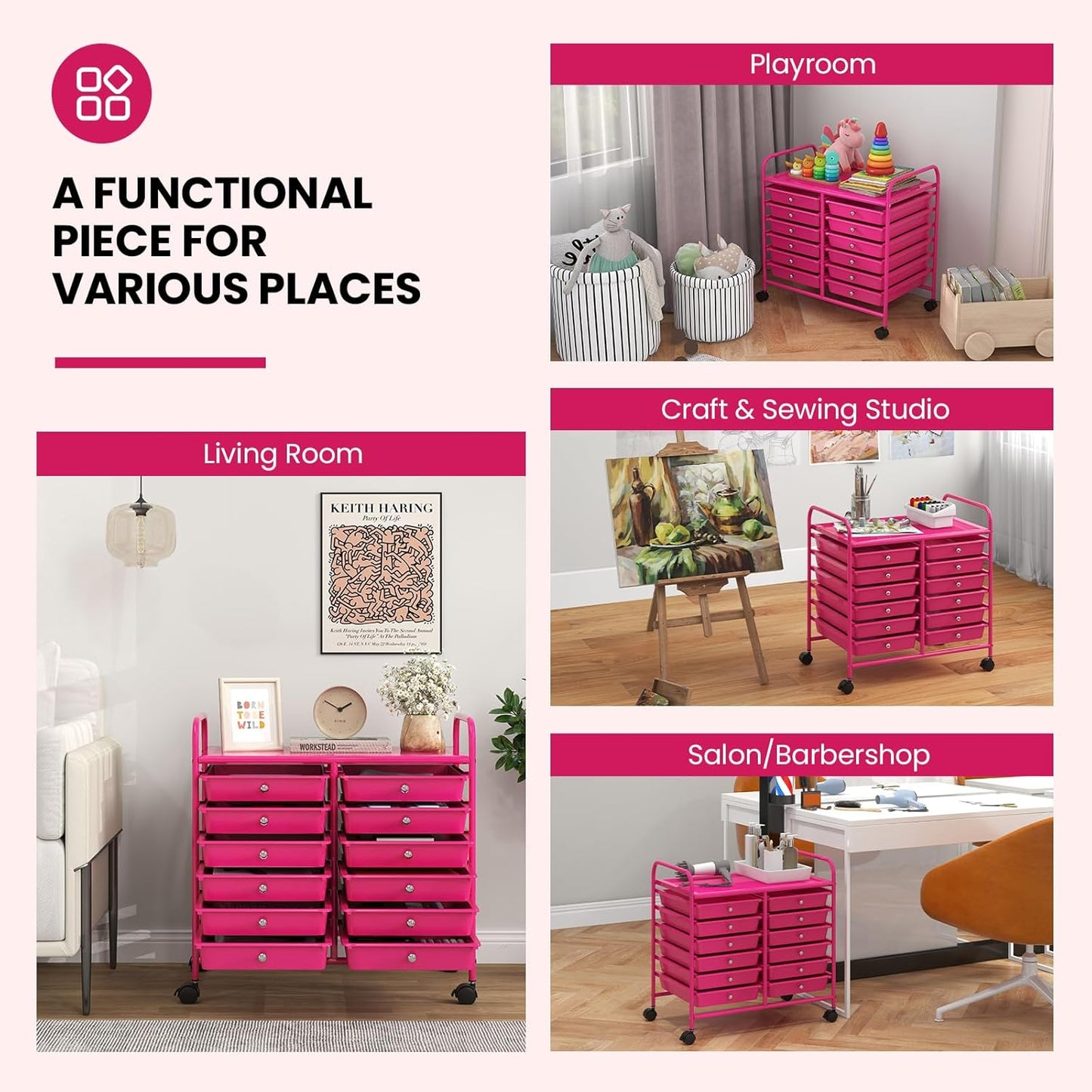 Giantex 12 Drawers Rolling Cart, Mobile Storage Drawer Cart, Classroom Organizer Cart for Office School Supplies Tools Scrapbook Paper Craft Small Printer, Utility Cart on Wheels, Hot Pink