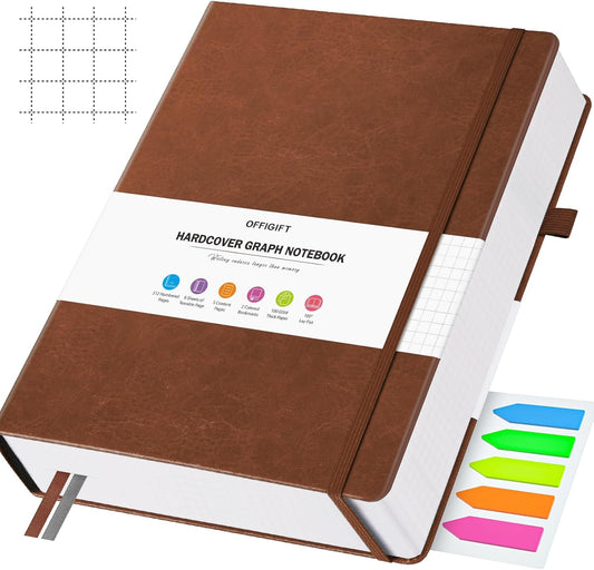 Graph Paper Notebook, 312 Numbered Pages Large A4 Hardcover Leather Journal, 100gsm No Bleed Grid Paper Notebook with Index Pages, Squared Grid Notebook for Graphing Notes Math, 8.5'' × 11'', Brown