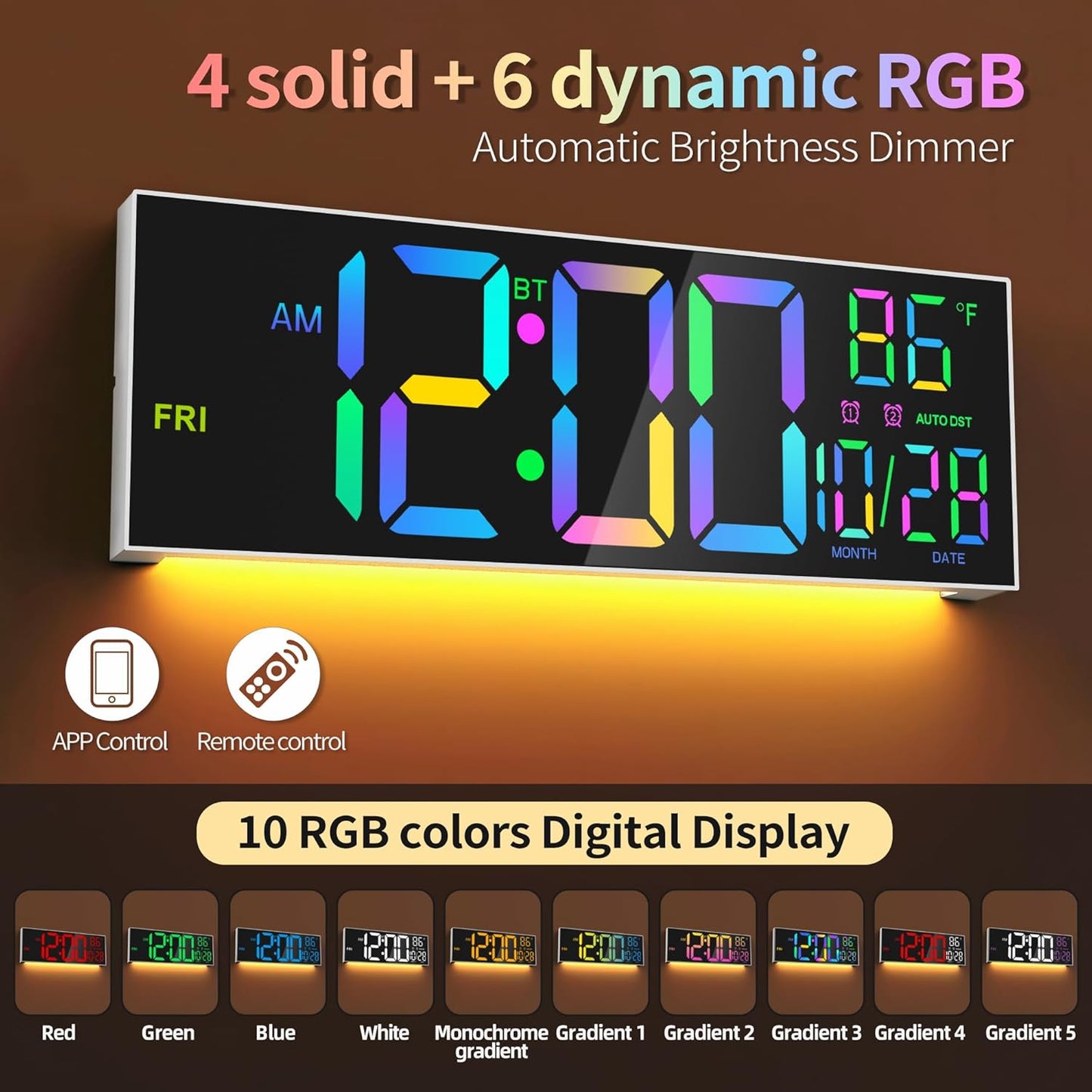 16.5" Large LED Wall Clock with Bluetooth Sync, Night Light, DST, 2 Alarms, RGB Color, Temperature, Remote Control, 12/24H, Timer for Living Room, Bedroom, Desk, Gift for Mother Father Elderly