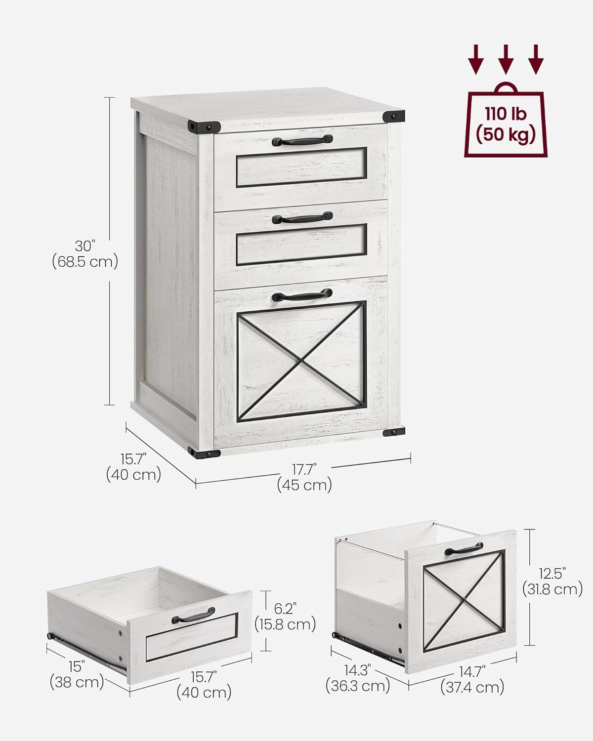 VASAGLE File Cabinet, Filing Cabinet with 3 Drawers, Printer Stand, Fit A4, Letter Size, Hanging File Folders, Modern Farmhouse Style, for Home Office, Rustic White UOFC054T73