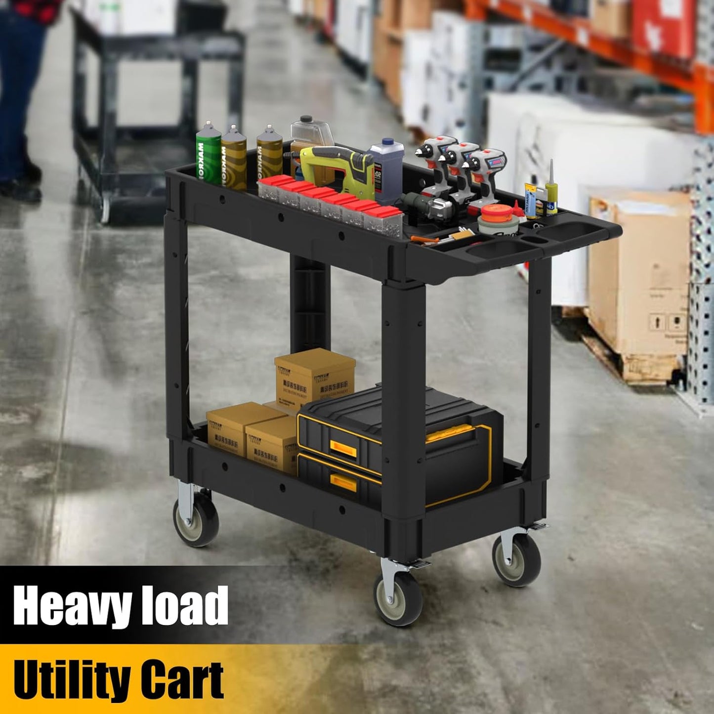 Utility Rolling Tool Cart, 40 x 17-Inch Plastic Rolling Carts Huge Storage W/Deep 2-Shelf Heavy Duty Service Carts with Wheels,550 lbs Capacity Organizer for Garage,Warehouse,Workshop-Medium