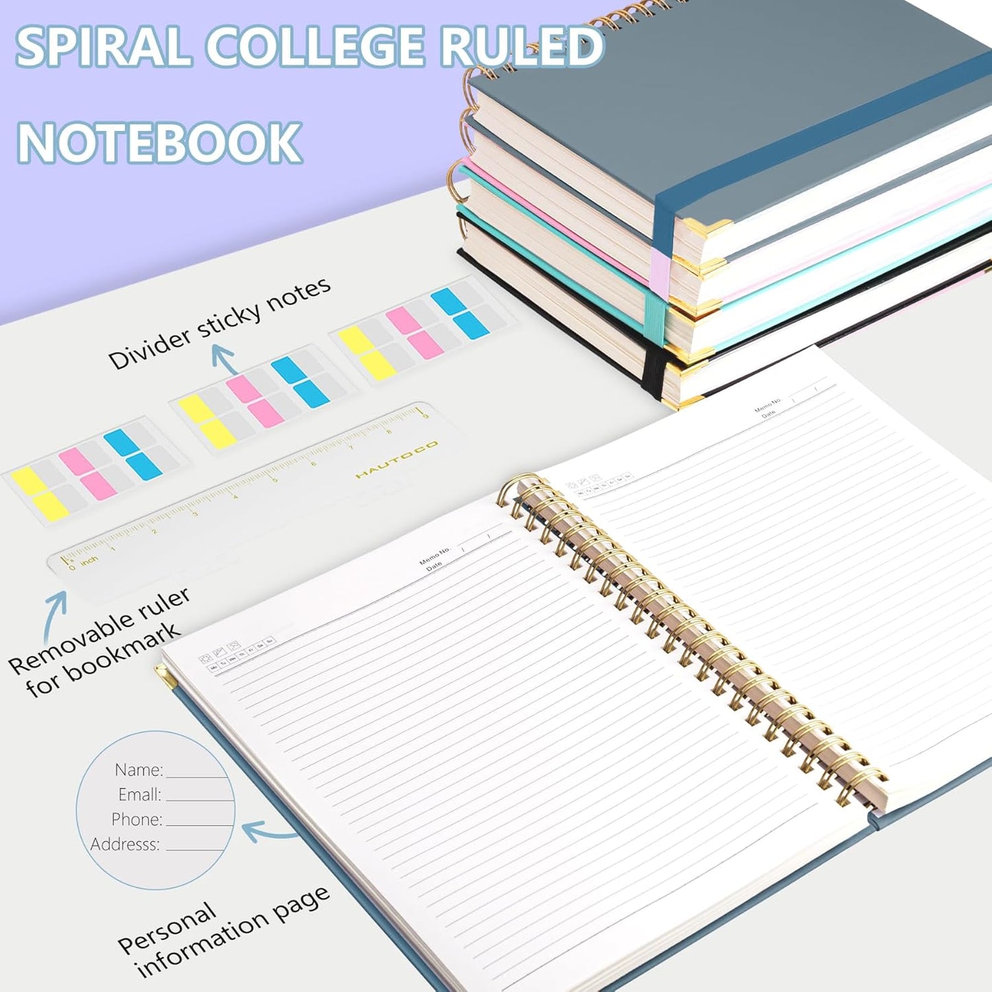 HAUTOCO Spiral Notebook College Ruled B5 Leather Bound Journal, 320 Pages, Hardcover Notebooks with tabs, 100 GSM Paper, 7"x 9.7" Lined Journaling Notebooks for Work Office School Business, Airy Blue