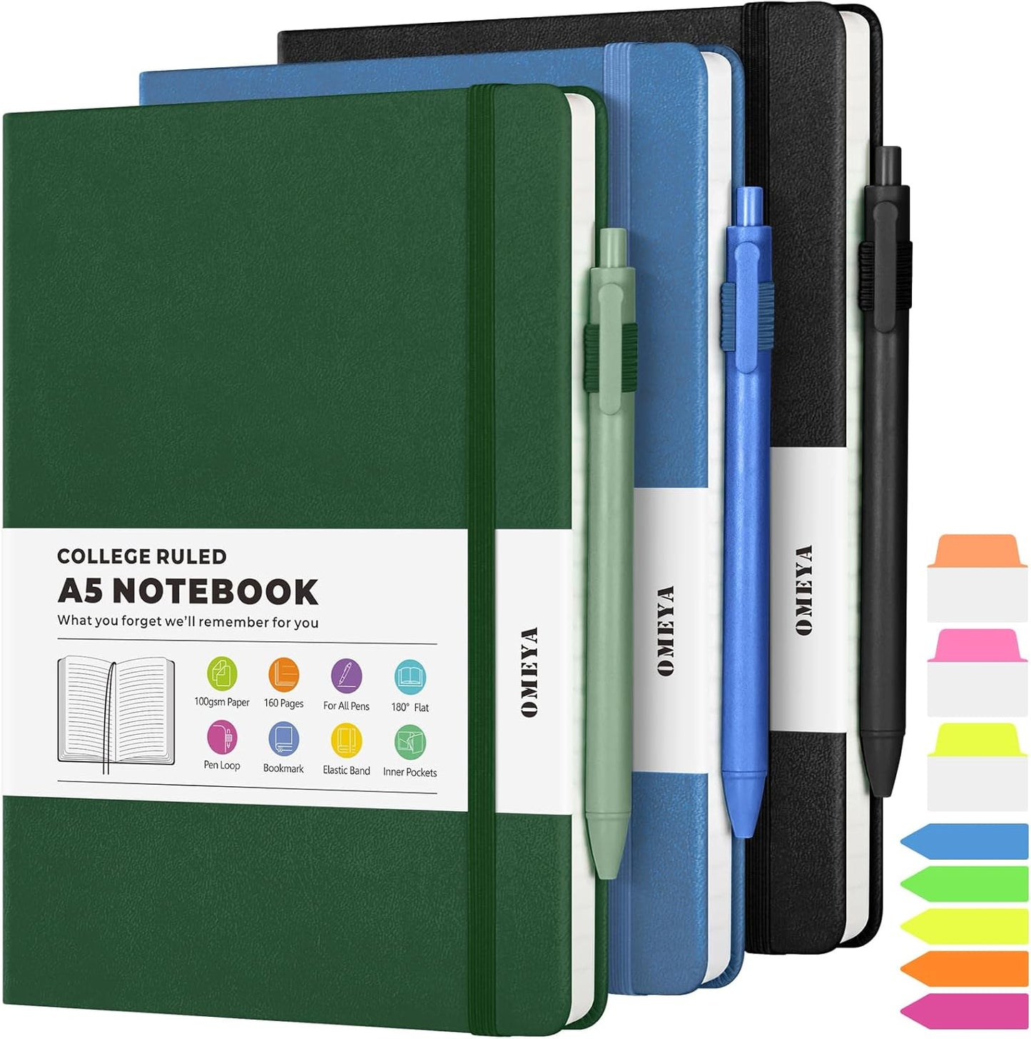 Lined Journal Notebook, 3 Pack A5 College Ruled Notebooks for Work, Hardcover Notebook Each with 2 Pockets & Pen, Leather Journal for Women, Men, 160 Pages, 100GSM Thick Paper (Blue, Black, Green)