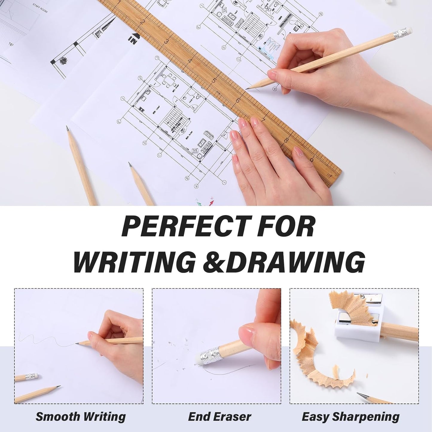 TecUnite 60 Pcs HB Pencils #2 Unsharpened Wood Cased Pencils with Eraser Hexagonal Pencil Cute Graphite No 2 Pen for Adults Gifts Exam School Office Sketching Learning (Wood Color, Silver)