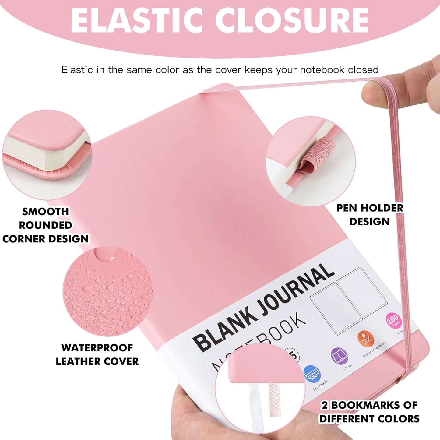 EOOUT Blank Journal Notebook for Women, A5 160 Pages Leather Hardcover Notebooks for Writing, Sketch, Drawing, 100gsm Paper, 5.7 X 8.3in (Pink)