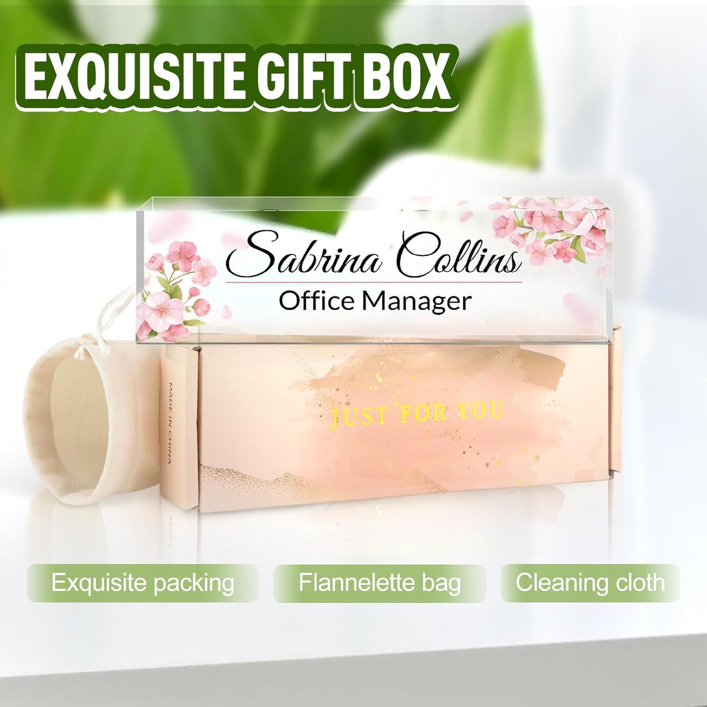 Name Plate for Desk, Desk Name Plate Personalized, Pink Office Decor for Women Men, Acrylic Desktop Accessories, Office Gifts for Boss Nurse Teacher Coworker, Employee Appreciation Gift (Flowers A)