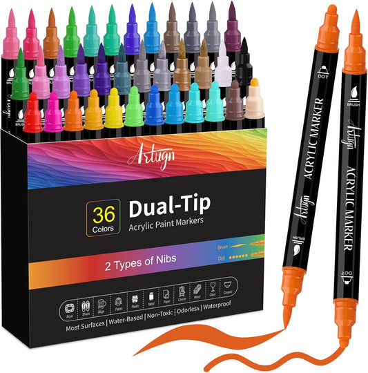 36 Colors Acrylic Paint Pens, Dual Tip Pens With Medium Brush Tip, Paint Markers for Rock Painting, Ceramic, Wood, Plastic, Calligraphy, Scrapbooking, Brush Lettering, Card Making, DIY Crafts