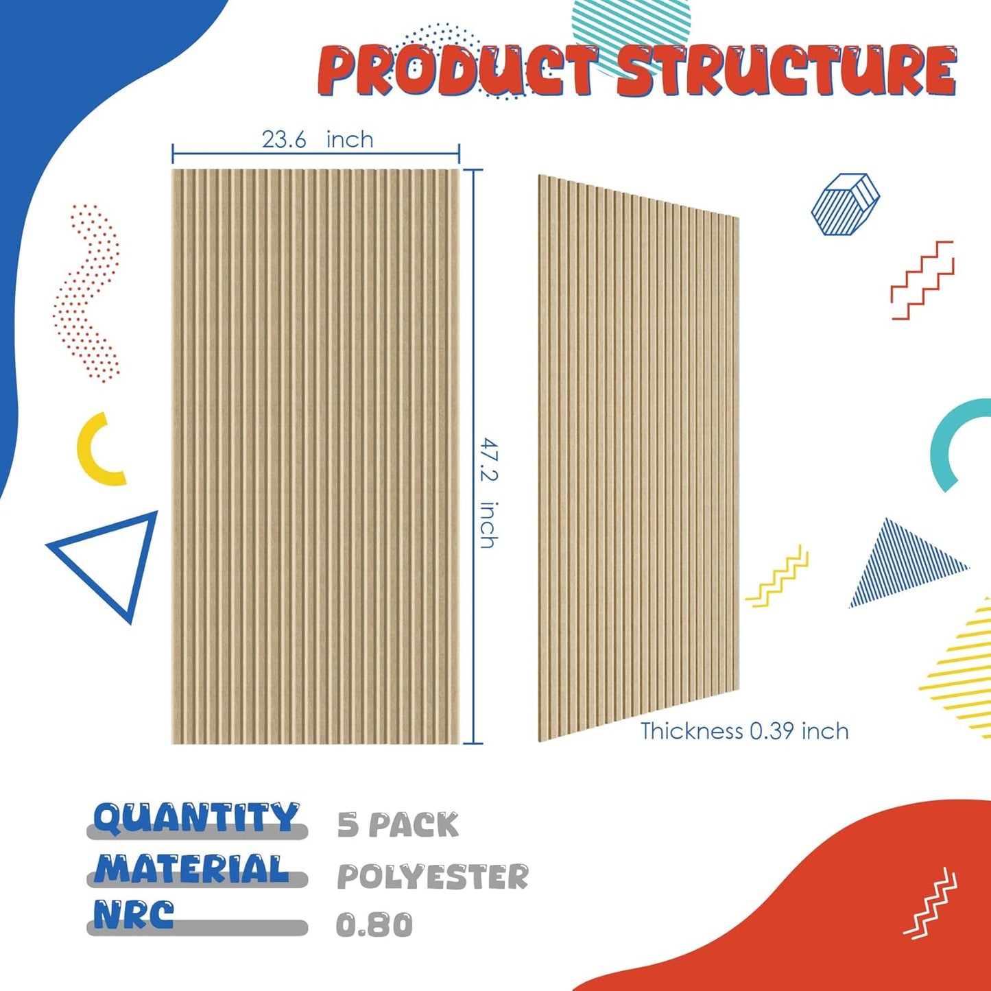 5 Pack Acoustic Panels,47.2x23.6x0.4 inch Acoustical Wall Panels,Large Soundproof Panels,Self-Adhesive Sound proof Panels for Walls,Acoustic Treatment for Recording Studio&Office,Camel