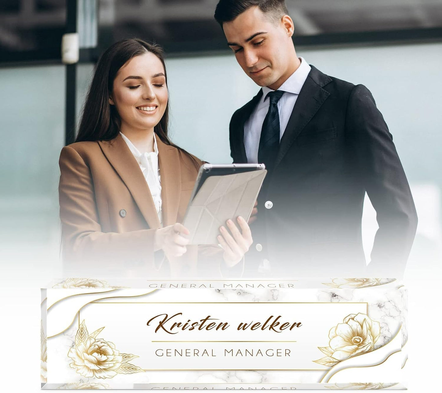 Desk Name Plate Personalized, Premium White Marble Flowers Acrylic Desk Name Plate, Personalized Name Plate for Desk, Office Decor for Women or Men Coworkers, Boss, Employee, Teacher