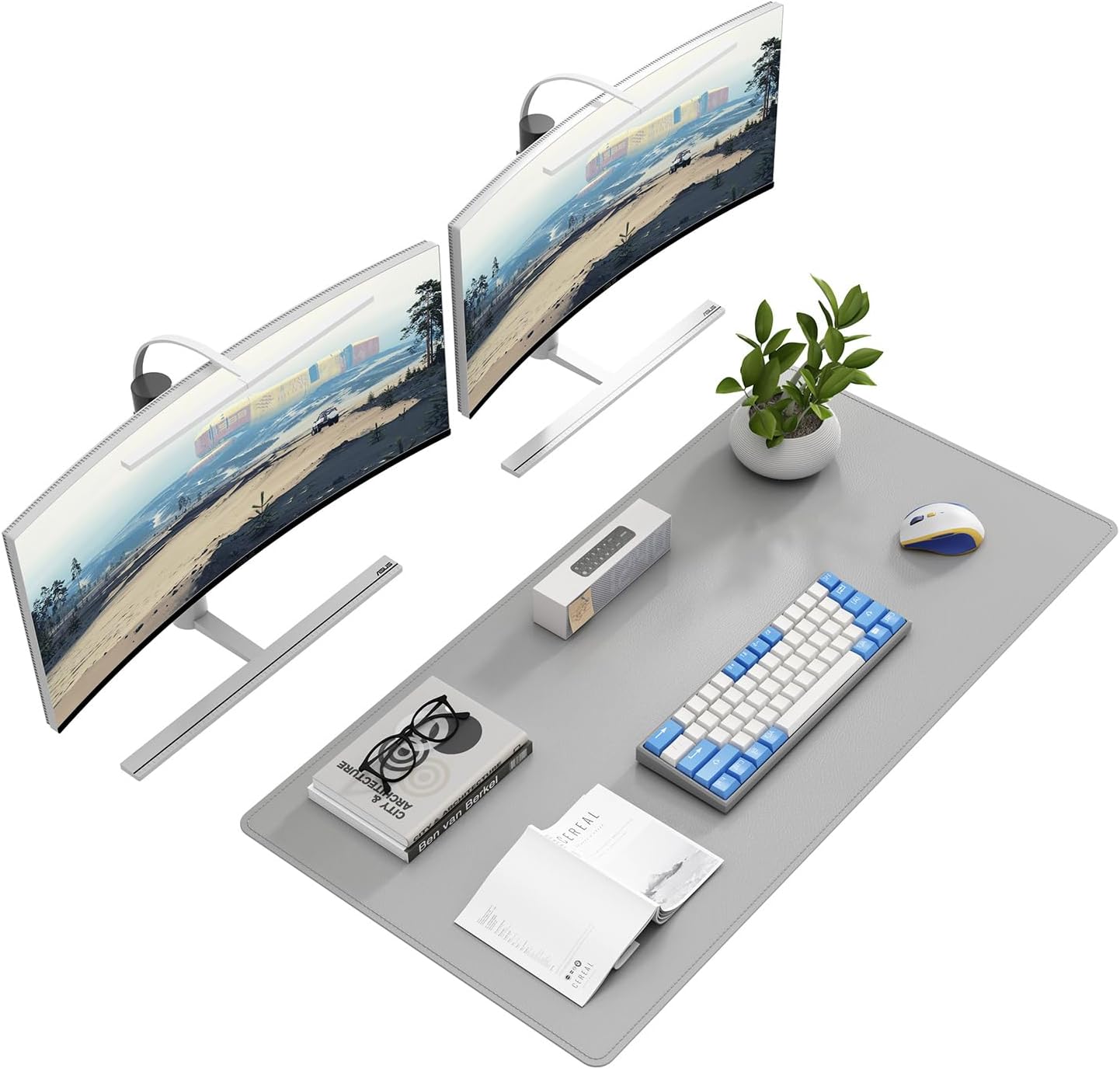 DAWNTREES Desk Mat Protector,PU Leather Desk Pad,Non Slip, Large Mouse Pad and Keyboard Mat, Waterproof Writing Pad for Office and Home (Light Gray,39.4''x19.7'')