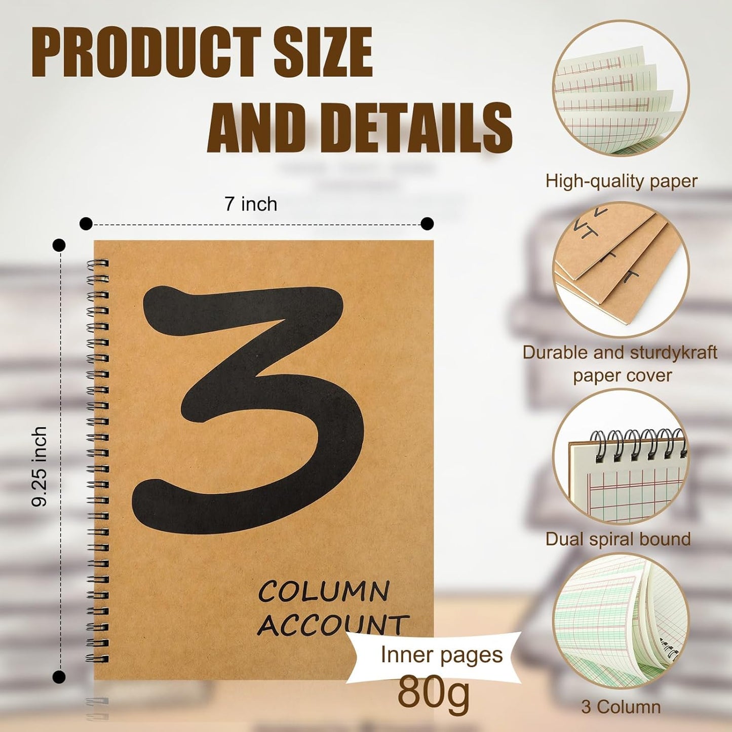 2 Pcs Accounting Ledger Book 3 Column 7 * 9.25inch Columnar Notebook Columnar Pad 3 Columns Kraft Paper Cover 100 Pages for Personal Use Small Business(50 Sheet)