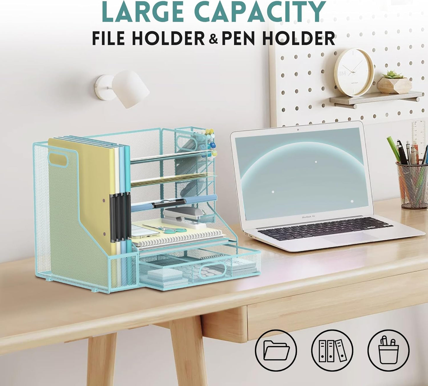 DALTACK Mesh Desk Organizer, 5-Tier Paper Letter Tray with File Holder & Pen Holder & Sliding Drawer, Desktop Organizer and Storage for Desk Accessories Office Supplies, Blue