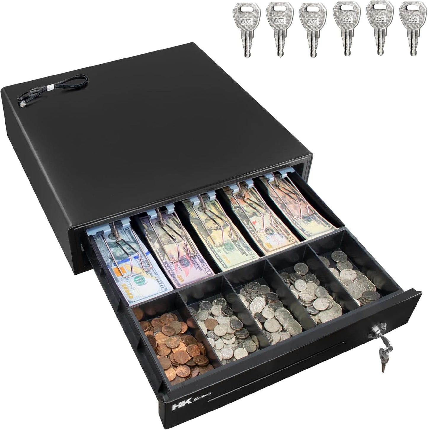 HK SYSTEMS 16" Heavy Duty Black POS Cash Drawer with 5Bill/5Coin, Removable Coin Compartment ONLY, 24V, RJ11, Single Large Front Media Slots, Black