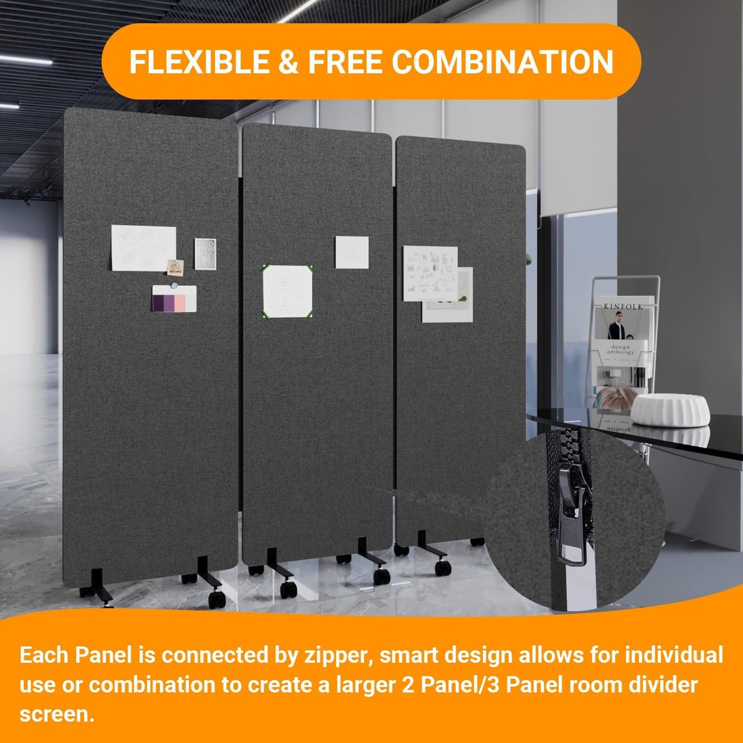 Soundproof Room Divider with Wheels, 66in Office Dividers for Sound Proofing & Reducing, 3 Panel Sound Proof Dividers for Office Partitions Portable Temporary Wall Acoustic Wall Divider，Dark Grey