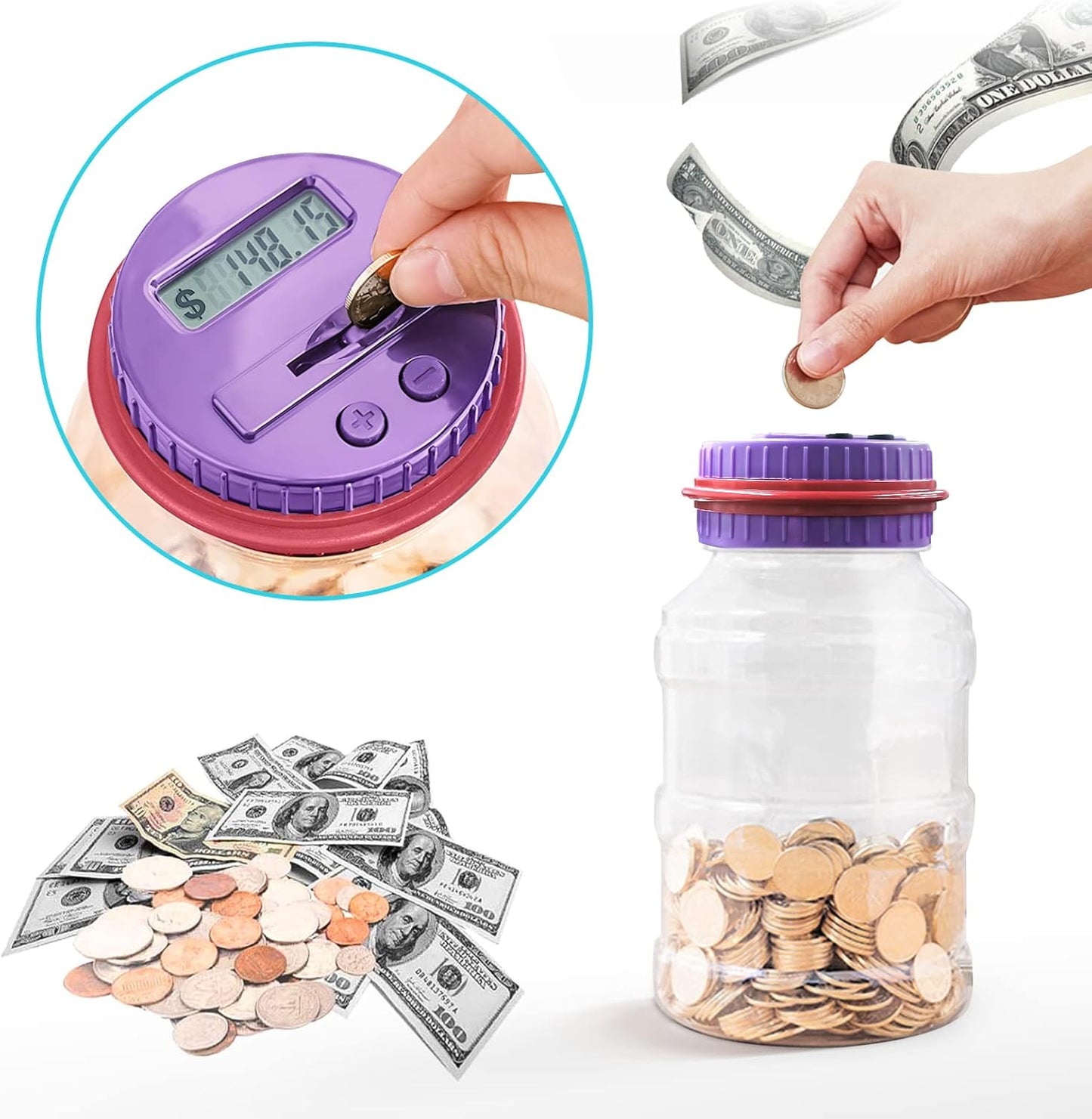 Large Piggy Bank for Adults Kids, Vcertcpl Digital Coin Counting Bank with LCD Counter, 1.8L Capacity Coin Bank Money Jar for Adults, Designed for All US Coins (Purple)