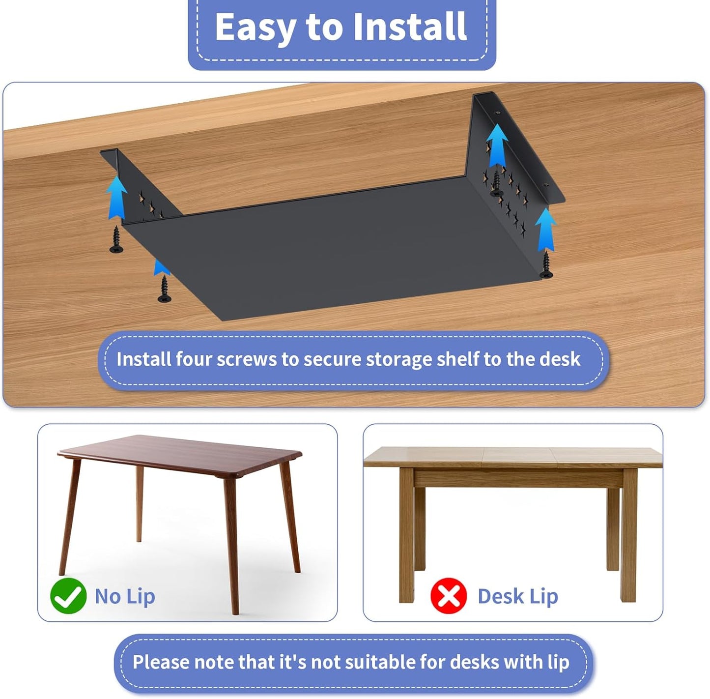 MOLIGOU Under Desk Storage Shelf, Under Desk Tray with Stick-On Felt Pad, Screw Mount Under Table Hidden Storage for Home Office, Kitchen Cabinet